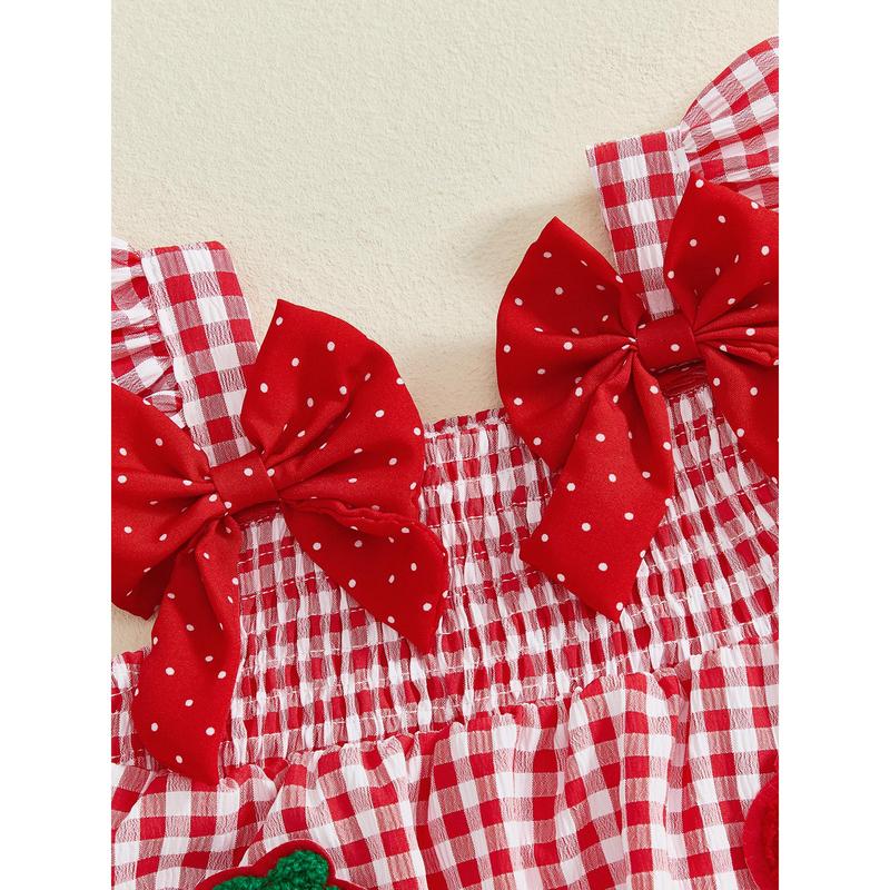 Toddler Baby Girl Summer Outfit Strawberry Embroidered Plaid Bows Ruffled Trim Tank Tops and Shorts 2 Pcs Set 6M-3Y