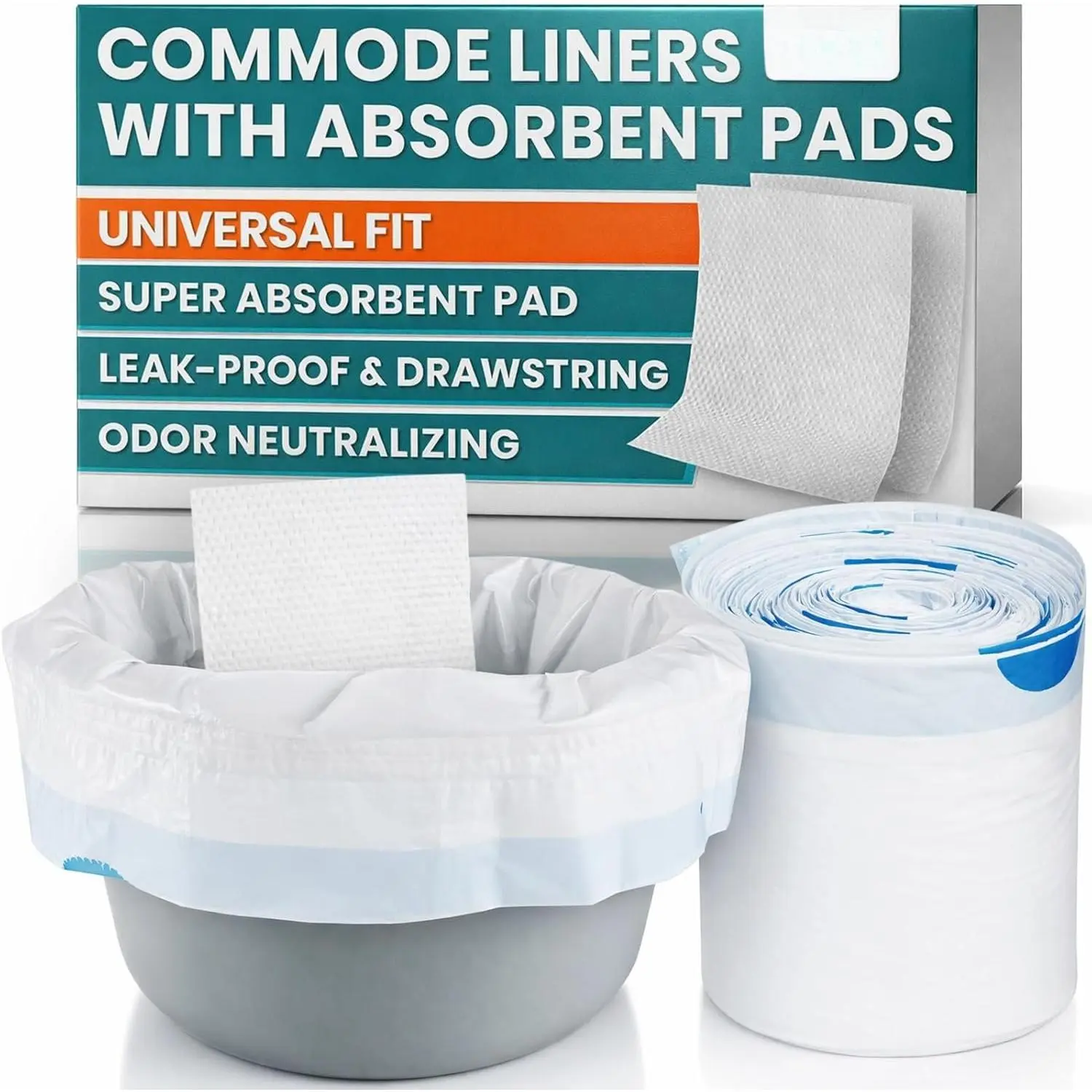 Commode Liners with Absorbent Pads - Portable Toilet Bedside Chair  Bags - Disposable Porta Potty Liners for Bariatric Standard Arm 3 in 1 Folding Buckets - Leakproof (24 Pack)