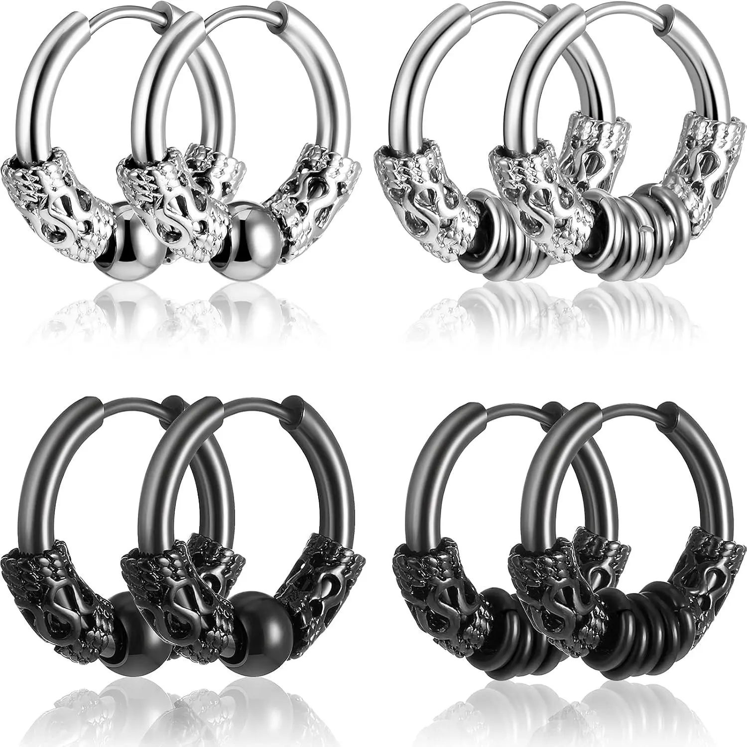 4 Pairs 14mm Mens Earrings Hoop Stainless Steel Huggie Hinged Earring Gothic Hoop Earrings for Men Women, Black,