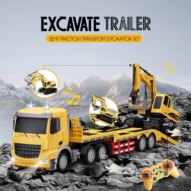 2 in 1 Dual Control RC Construction Vehicle Set, 11 Channel 2.4GHz Remote Control Flatbed Semi Truck Trailer & Excavator / Dump Truck Toy with Lights, Sounds, Music & Auto Demo, 1:12 Large Size Engineering Toy, Perfect Birthday Christmas Gift for Boys Gir