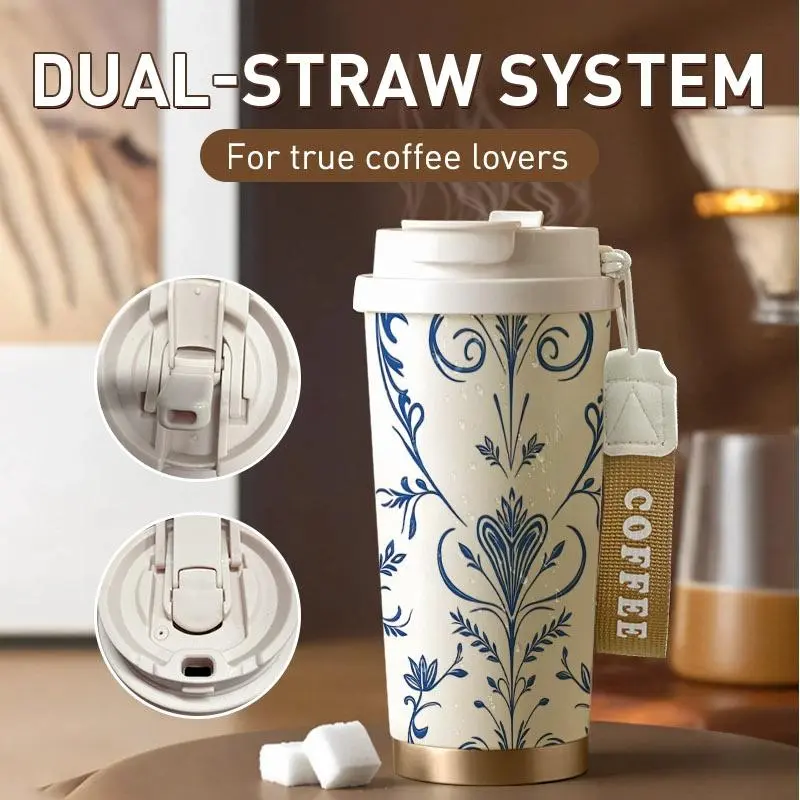 18oz Blue White Damask Floral Scrollwork Pattern Insulated Tumbler, Elegant Symmetrical Ornate Floral Design Drinkware, Chic Thermal Cup for Daily Office, Commute & Outdoor Drinking Use