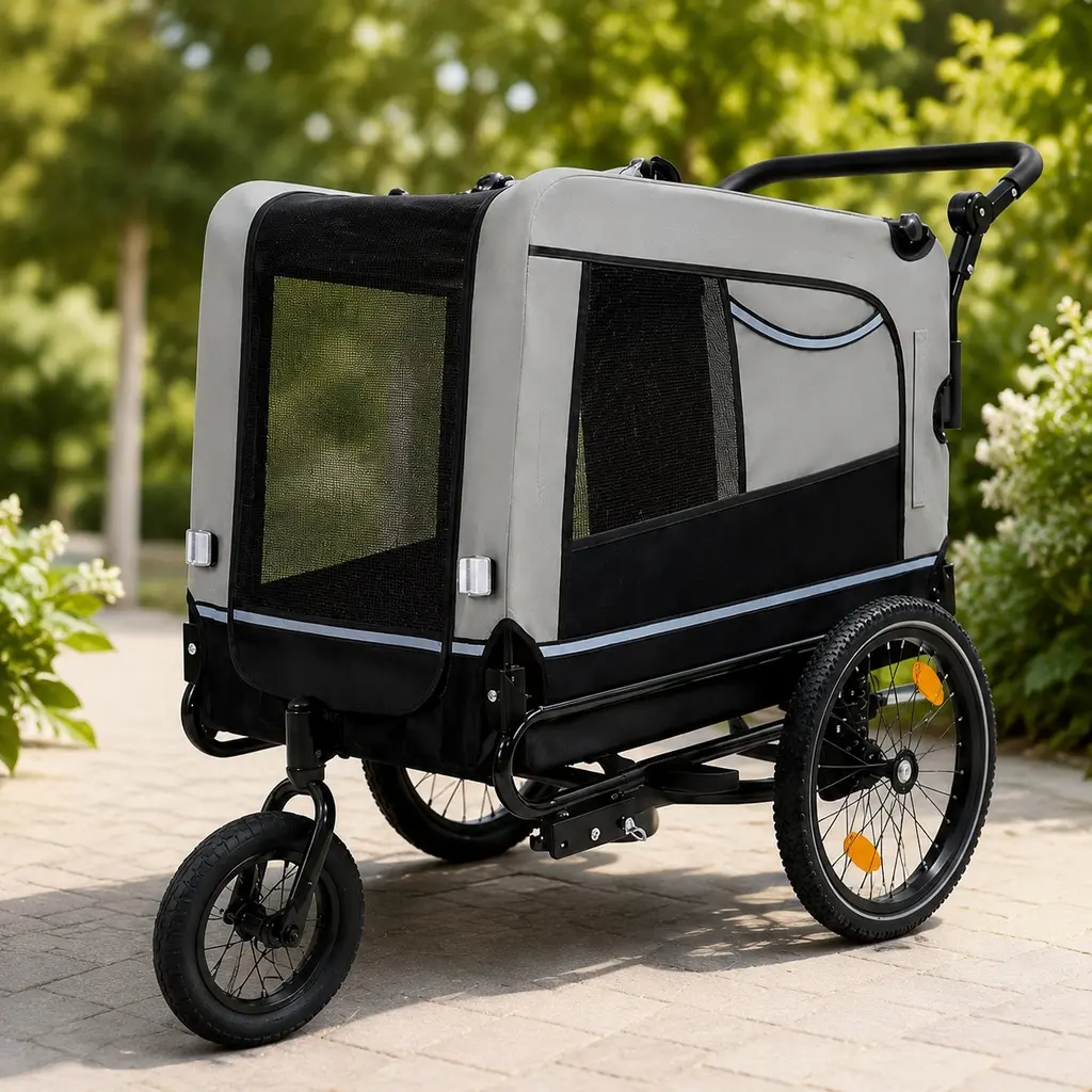 Extra Large 2-in-1 Bike Trailer & Push Cart for Pets, Up to 88 lbs, Detachable Bike Hitch & Push Handle, All-Terrain Quick-Release Wheels, Non-Slip Floor, Internal Leash, Steel Frame, Black/Grey