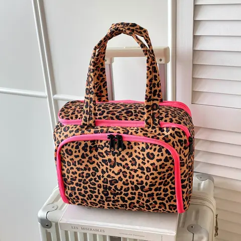2026 New Women's Retro Leopard Print Handbag, Large Capacity Dual Layer Travel Bag, Portable Skincare Organizer, Multiple Colors Available, Travel Toiletry Bag