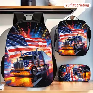3pcs Backpack Set, American Flag Fireworks Big Rig Truck Print Fashion Daily Backpack with Matching Lunch Bag And Pencil Case, Stylish Multi-Purpose Backpack Combination for Travel Work School