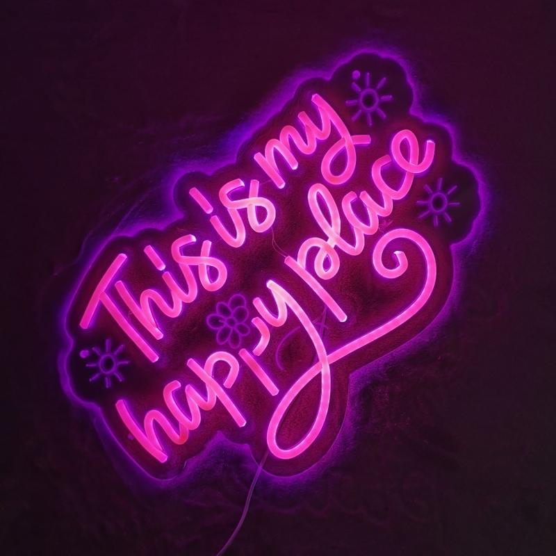 This is my happy place pink neon sign usb powered dimmable LED light sign, dimmable switch, birthday, christmas, thanksgiving, new year, housewarming gifts, family gathering, bar, game room, man cave, bedroom wall decoration