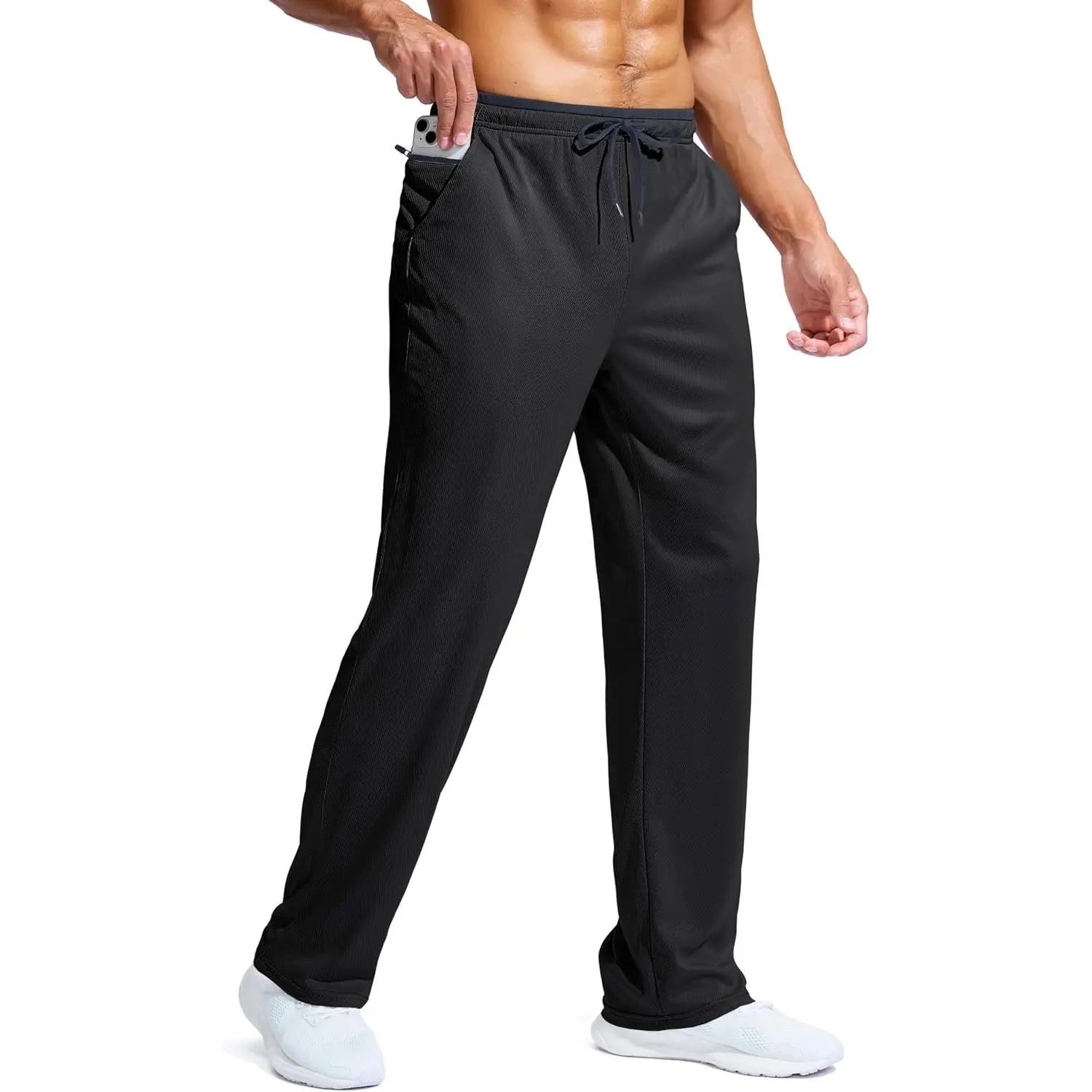 Men's Lightweight Mesh Sweatpants Loose Fit Open Bottom Athletic Workout Gym Pants with Zipper Pockets