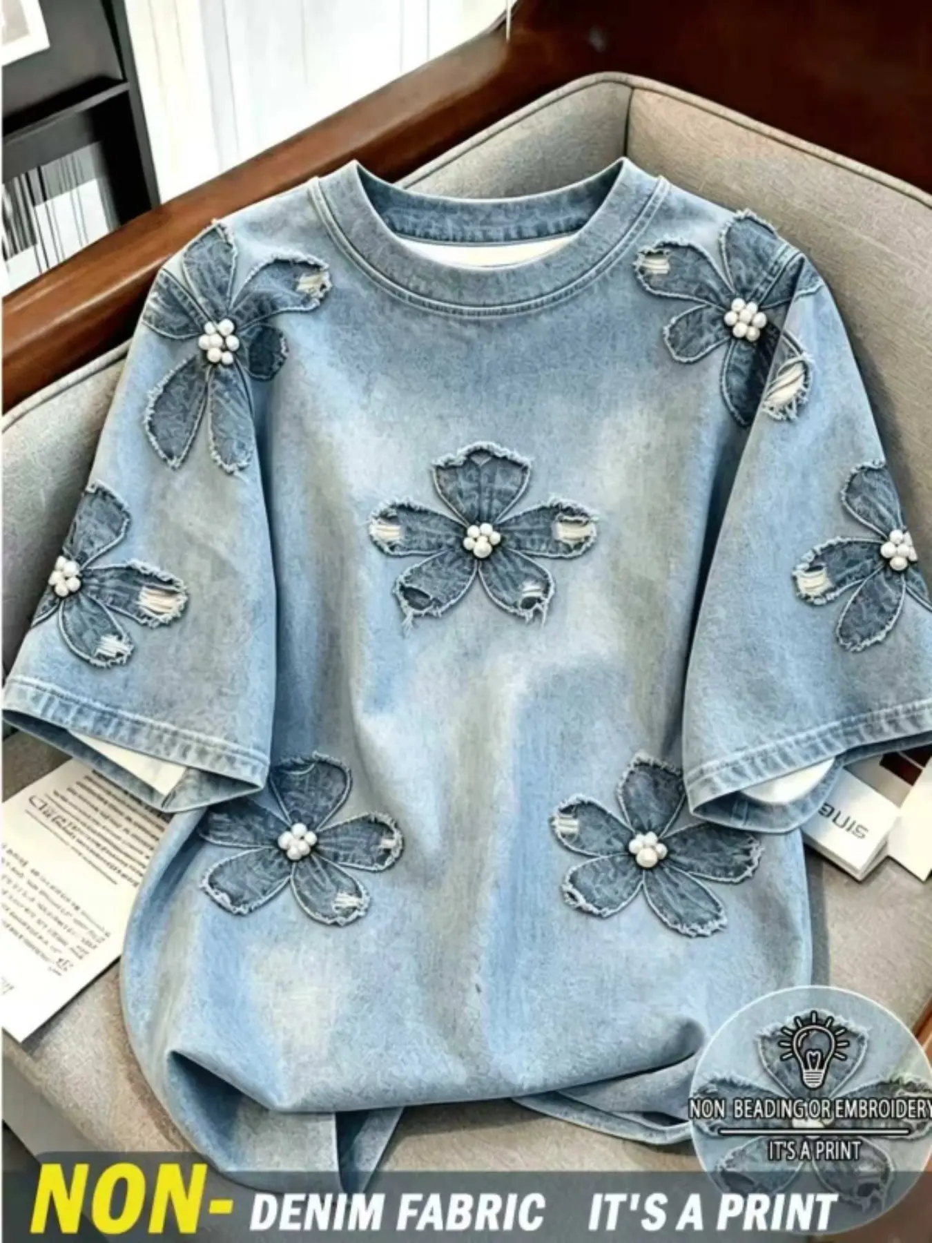 Women's Loose Fit Short Sleeve T-Shirt, Denim Pearl Flower Print, Casual H-Type Silhouette, All Seasons Fashion Top