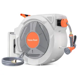 Garvee 1/2 in x 135Ft Retractable Garden Hose Reel - Wall Mounted, with 9 Function Sprayer Nozzle, Any Length Lock, Automatic Slow Return System, 180° Swivel Bracket