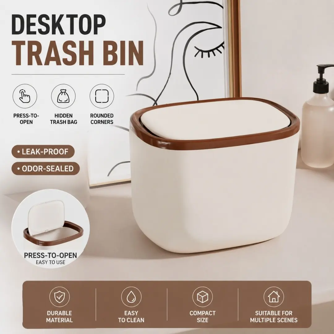 Cream Coffee Desktop Trash Can, Press Lid Odorproof Mini Bin, Compact Waste Container for Home & Office, Space-Saving Design, Bin with Lid