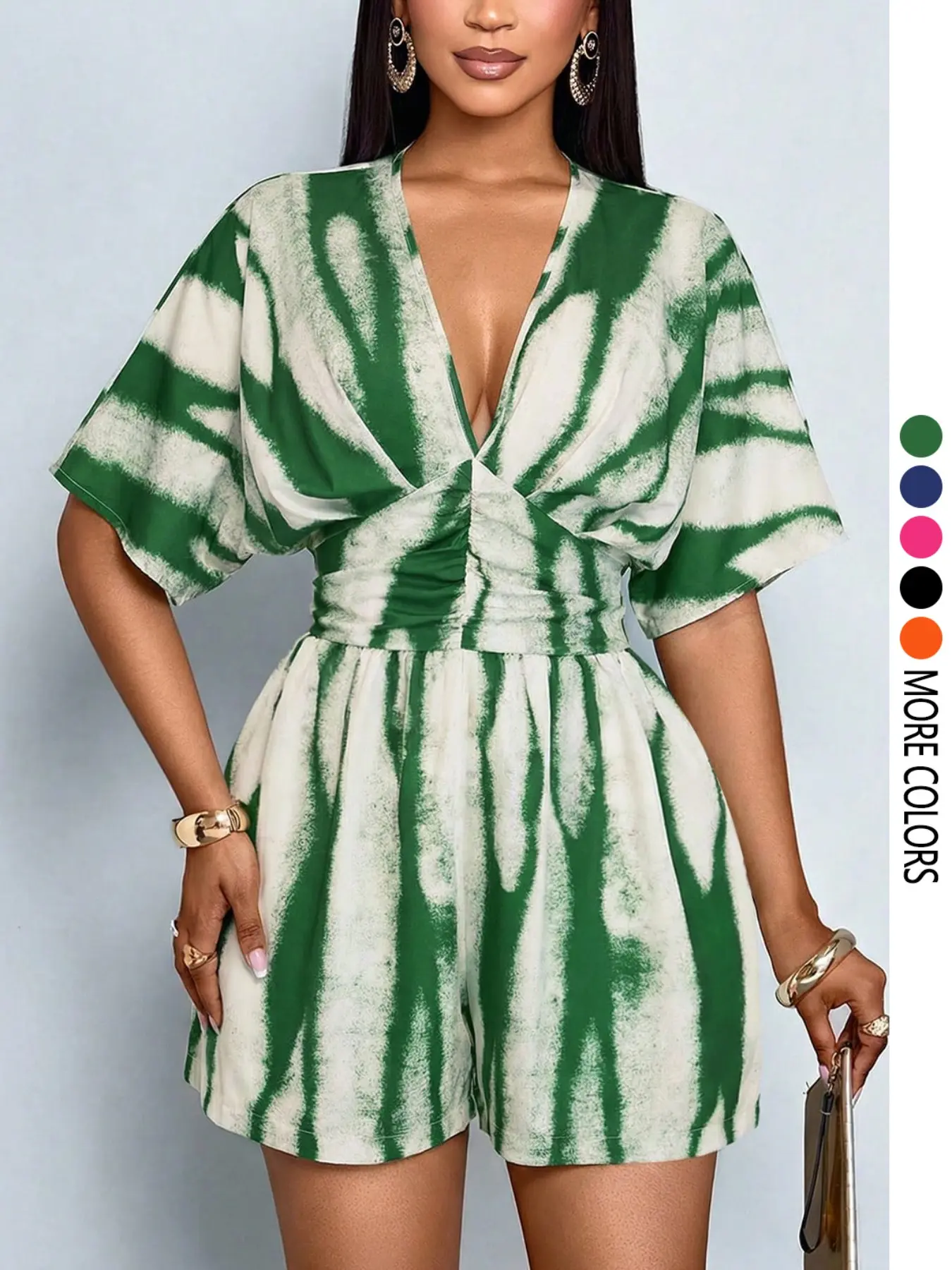 Women's Boho Romper jumpsuit with butterfly sleeves and shorts features a sexy, fitted waist and tie-dye Print design, perfect for everyday wear and summer vacations.