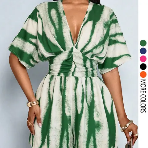 Women's Bohemian Romper with Batwing Sleeves, Fitted Waist Tie-Dye Print Design, Suitable for Everyday Wear and Summer Vacations, Rompers Jumpsuits
