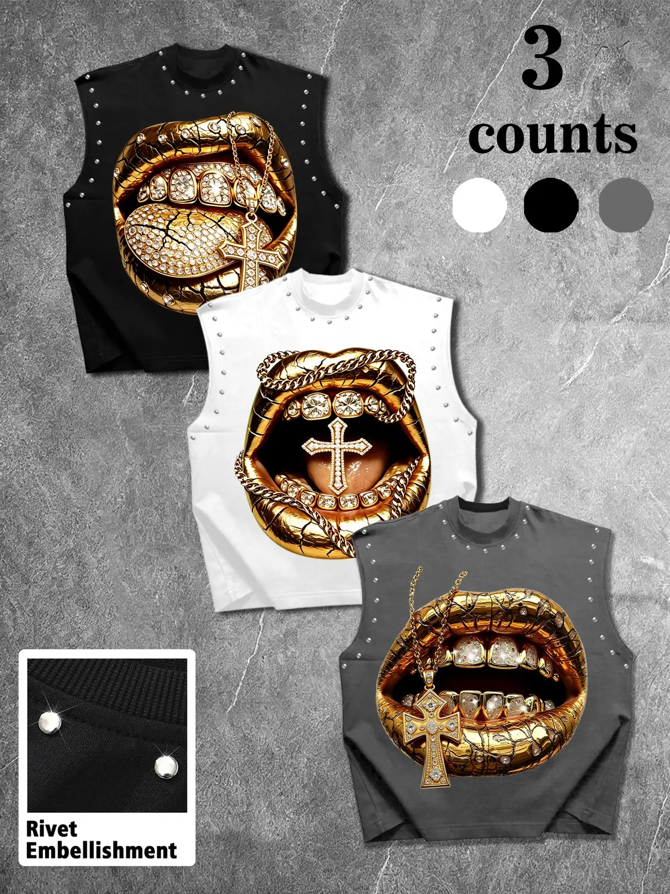 Men's Casual 3-Piece Tank Top Vest Set, Embossed Rhinestone Gold Lip Cross Graphic Design, Slim Fit, American Vintage Hip Hop Streetwear Style