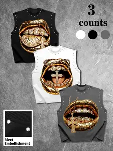 Men's Casual 3-Piece Tank Top Vest Set, Embossed Rhinestone Gold Lip Cross Graphic Design, Slim Fit, American Vintage Hip Hop Streetwear Style