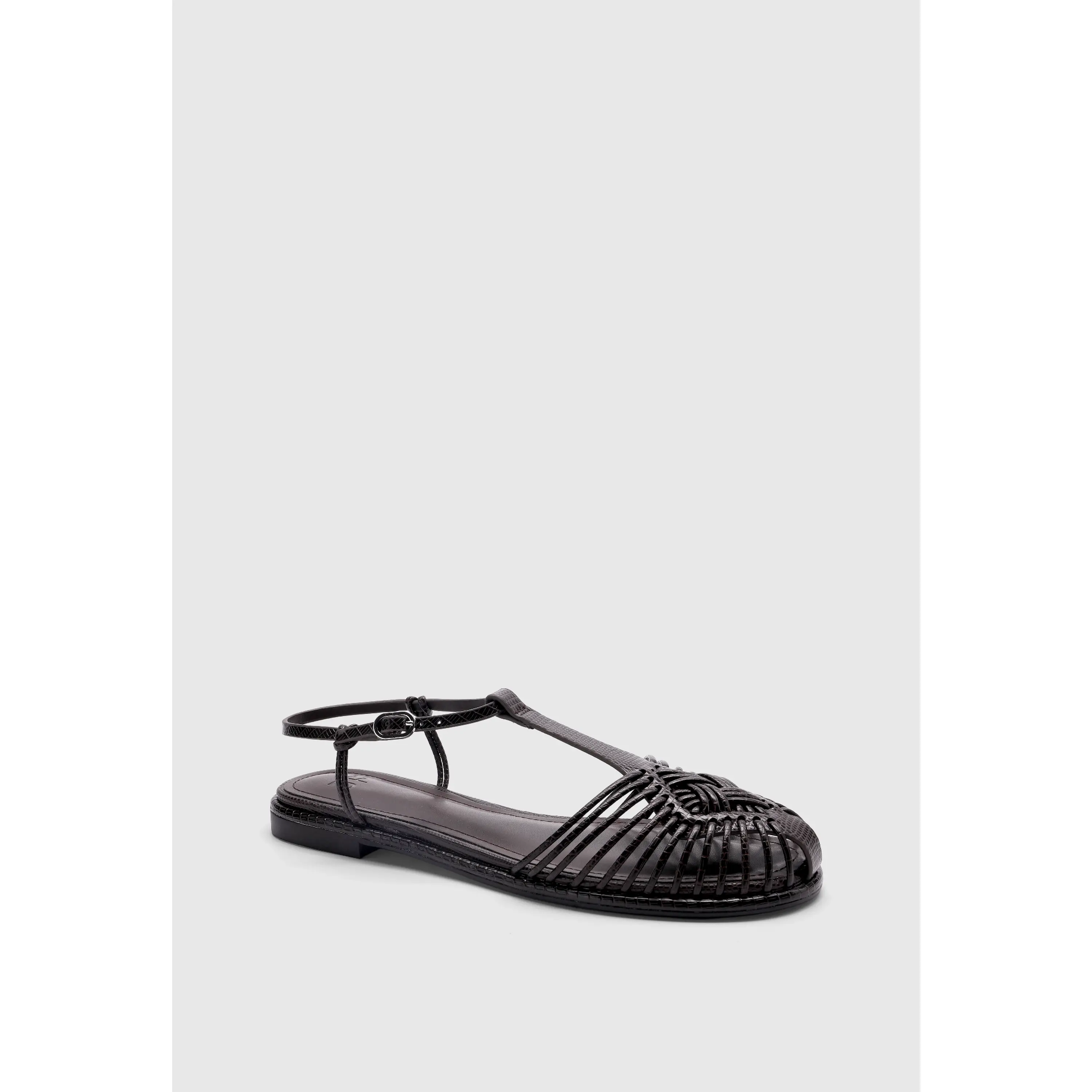 JUST FAB Women's Closed Toe Fisherman Sandals  Croc-Embossed Eco Leather T-Strap Flats with Adjustable Buckle, Flat Sandals