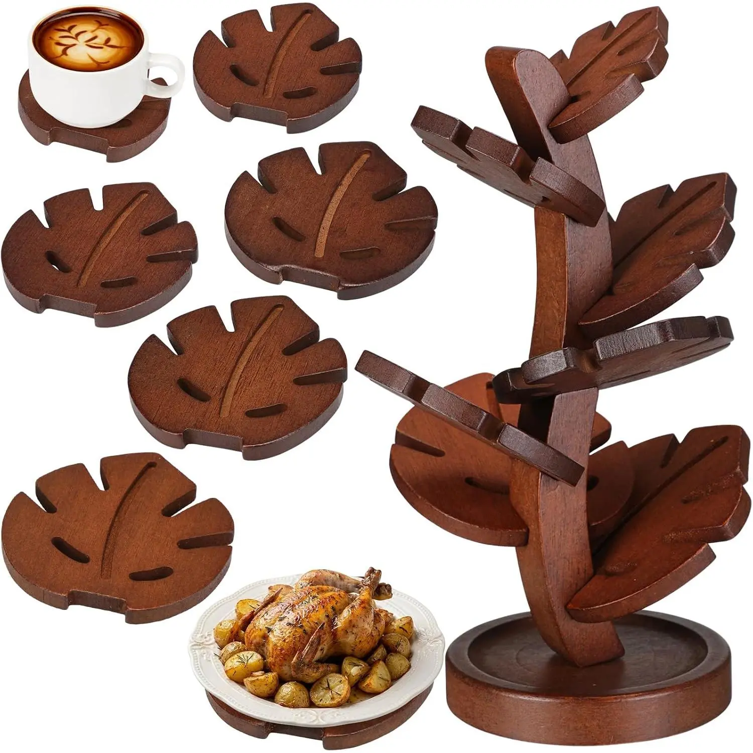 Tree-Shaped Bamboo Trivet Set of 7 with Storage Stand, Heat-Resistant Coasters for Hot Dishes, Pots, Bowls, Teapots - Kitchen and Dining Table