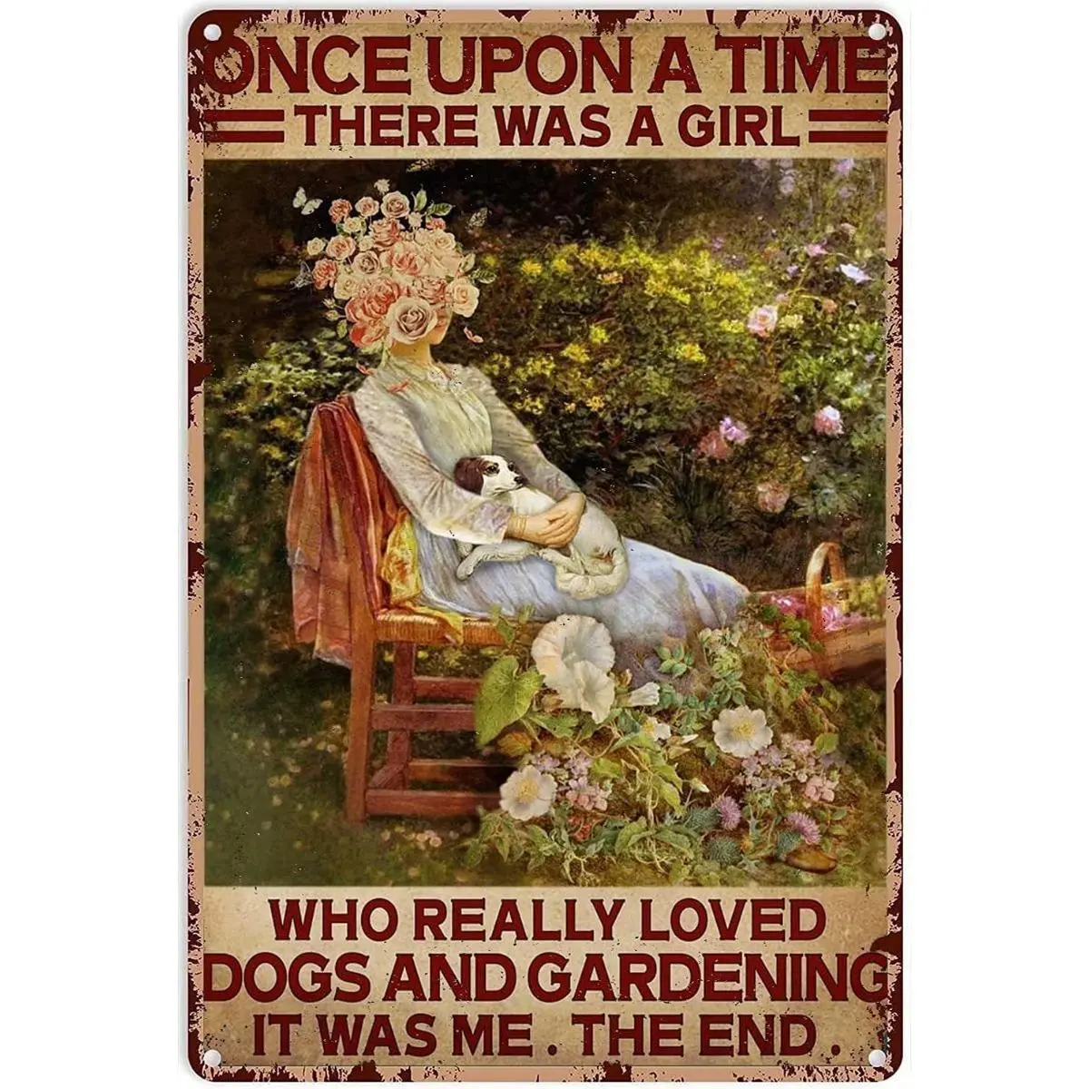 8x12 in Vintage Metal Wall Art Sign - Home Decor Products, Farmhouse Kitchen Antique Floral Lady & Puppy Rustic Plaque, Cottagecore Adult Outdoors Artwork, Flowers-Themed Gift for Dog Lovers