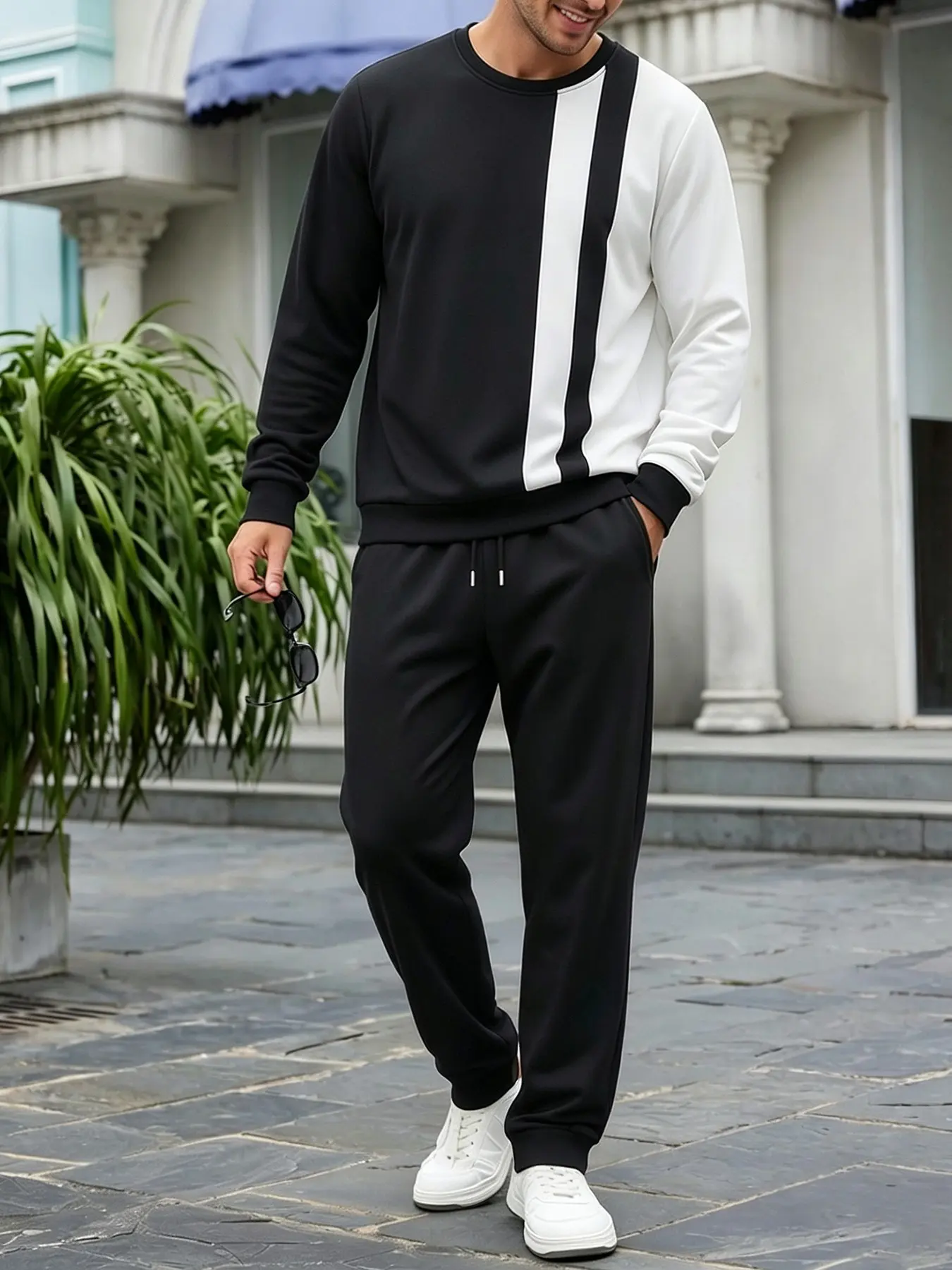 Men's Black and White Contrast Crewneck Sweatshirt with Cuffed Sweatpants Two-Piece Set - Loose and Breathable Sportswear Workout Tracksuits for Daily Wear, Shopping, and Outdoor Adventures in a Versatile Long-Sleeve Activewear Set