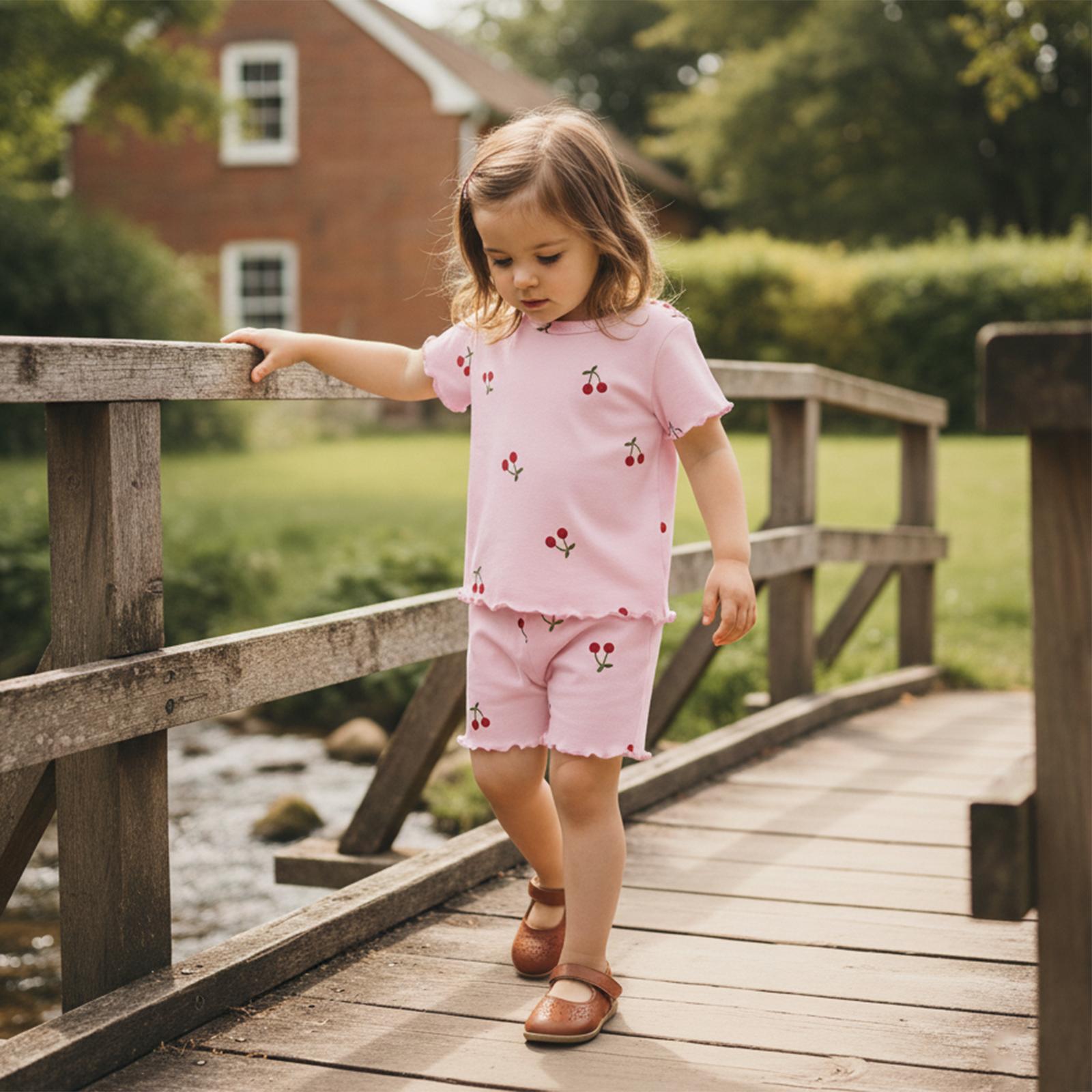 Toddler Baby Girl Summer Outfits Short Sleeve Cherry Print Tops + Shorts 2Pcs Clothes Set Little Girls Summer Clothes