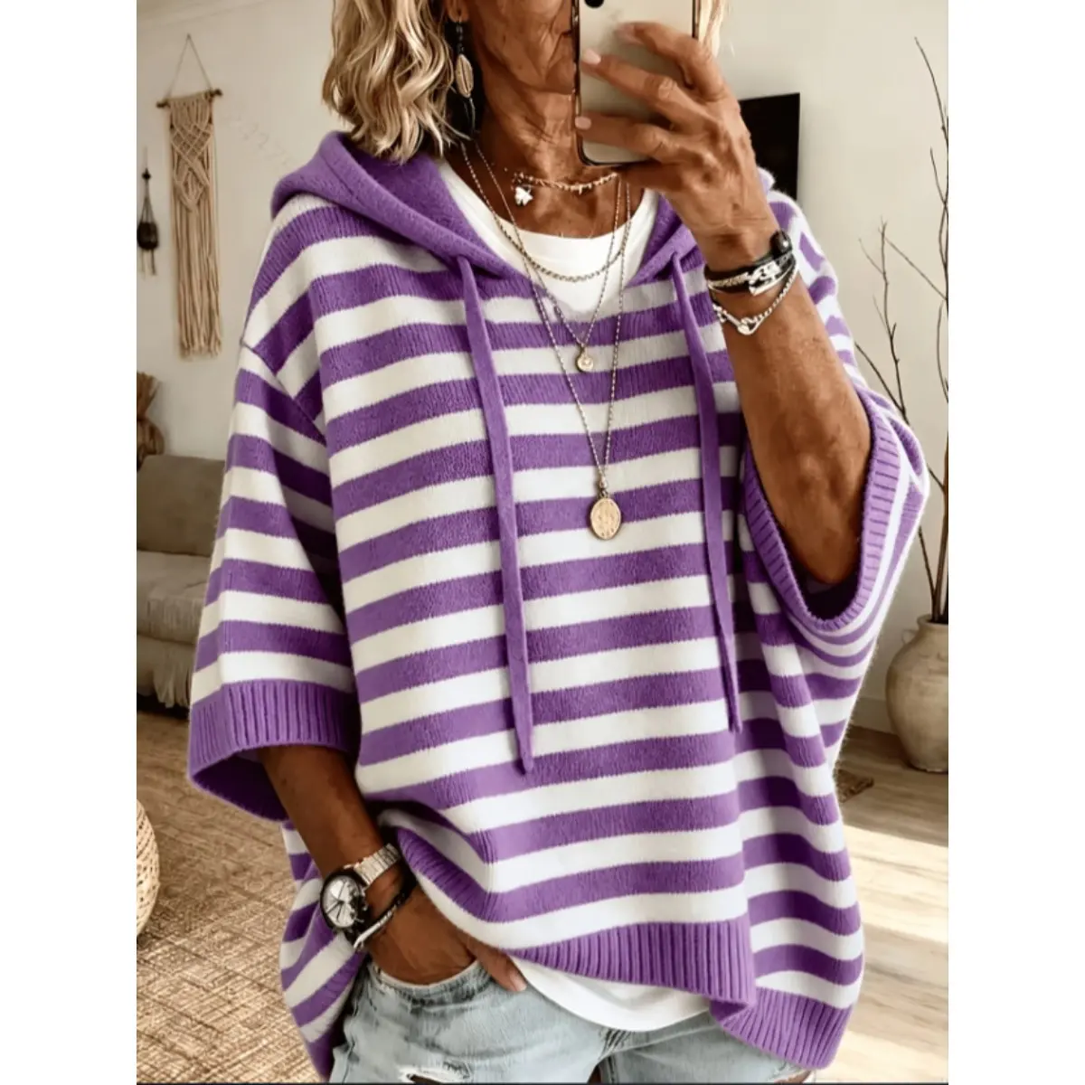 Women’s Hooded Knit Sweater - Casual Wear with Knit Fabric, Relaxed Cut, Loose Fit Pullover for Fall Winter Sports & Outdoor Tetherball Lawn Games Outfits