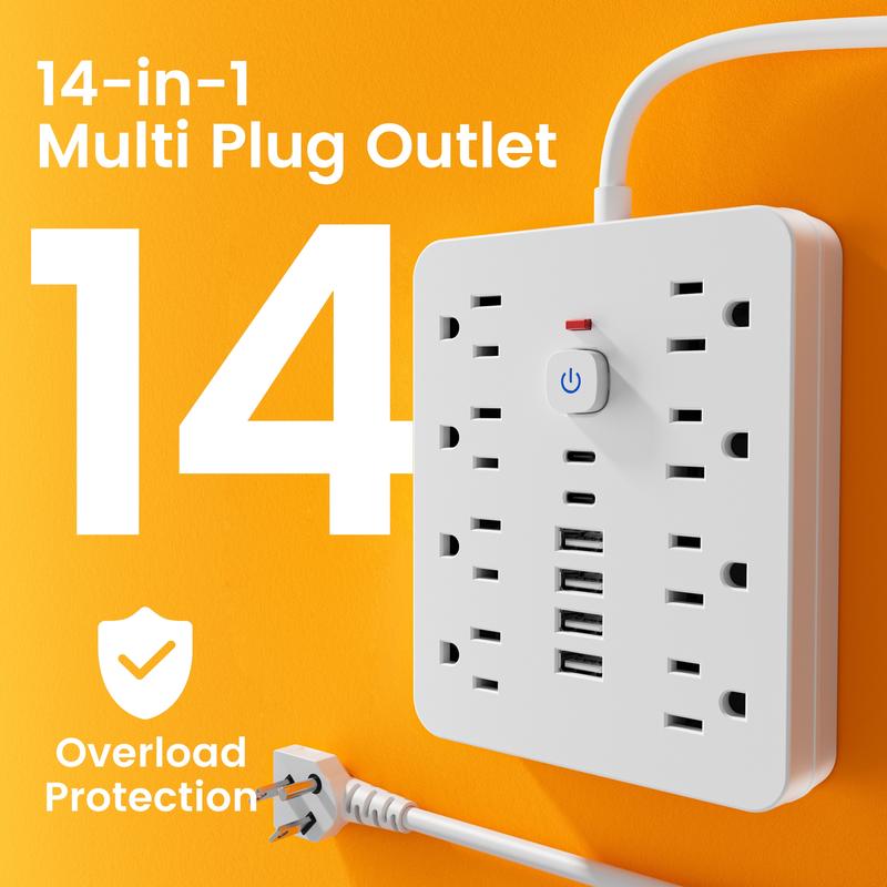 14-in-1 surge-protected power strip with 8 AC ports, 4 USB ports & 2 Type-C ports. Wall-mountable US plug power extension with overload protection and independent controls—essential for home/office safety. Available in 5ft or 10ft cords.