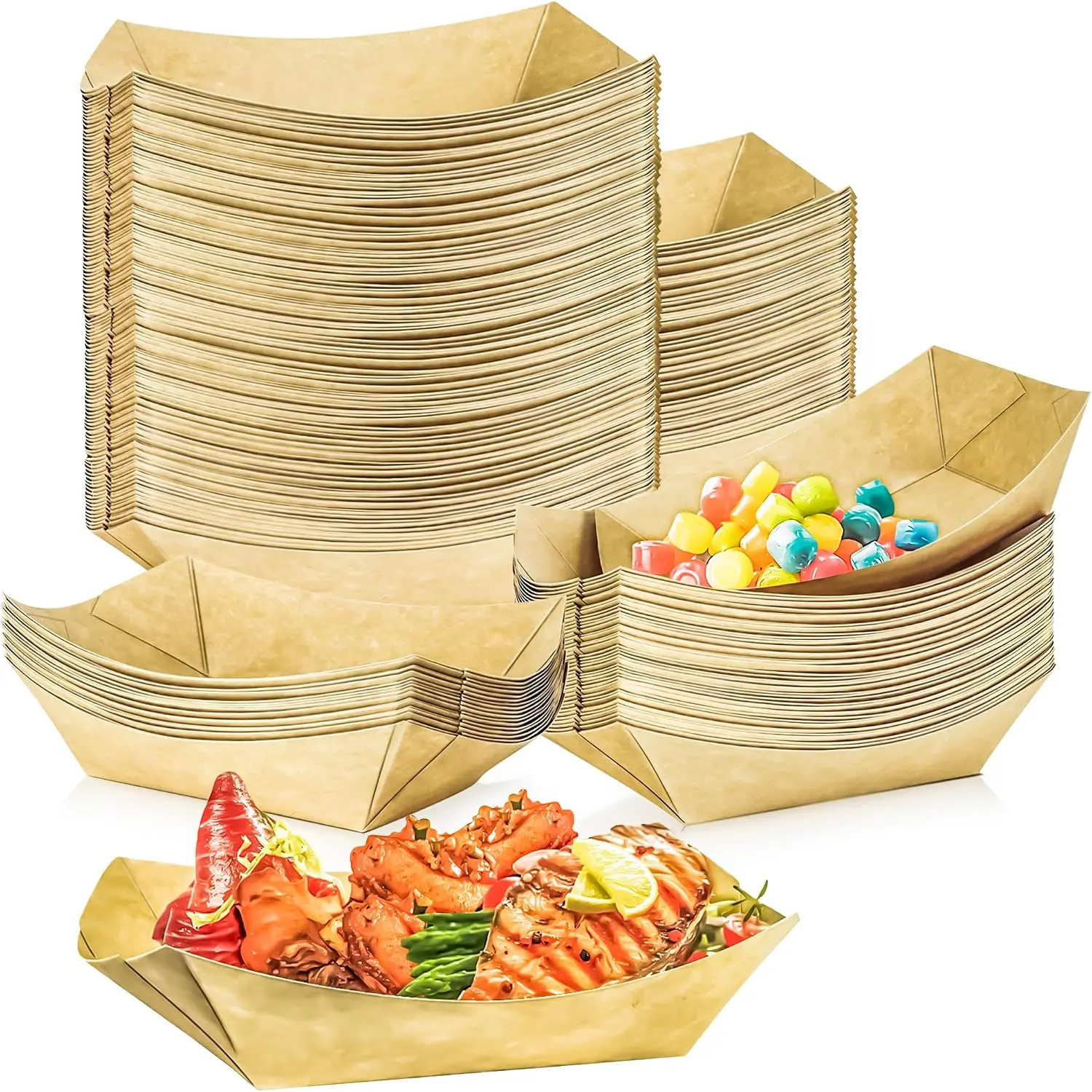 100 Pack 1Lb Paper  Boat Trays Disposable Paper Boat Plates Containers,   Serving Tray  Bowls for Snack Popcorn Fries BBQ HotDog Sandwich Dessert Taco Nacho