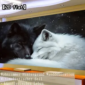 【2D flat】Black Wolf and White Wolf Sleeping Together 1 Piece Frameless Canvas Art - Modern Decoration, Suitable for Living Room, Bedroom, Bar or Cafe Wall Decor Art, Room Decoration | Christmas Halloween Holiday Gift