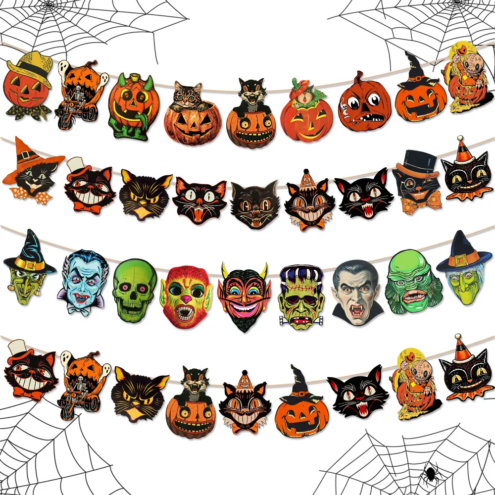 2026 New Halloween Party Decorations, Retro Cartoon Pumpkin Paper Banner & Flag Set, Triangular Bunting Garland for Home Classroom Dorm Hanging Scene Decor