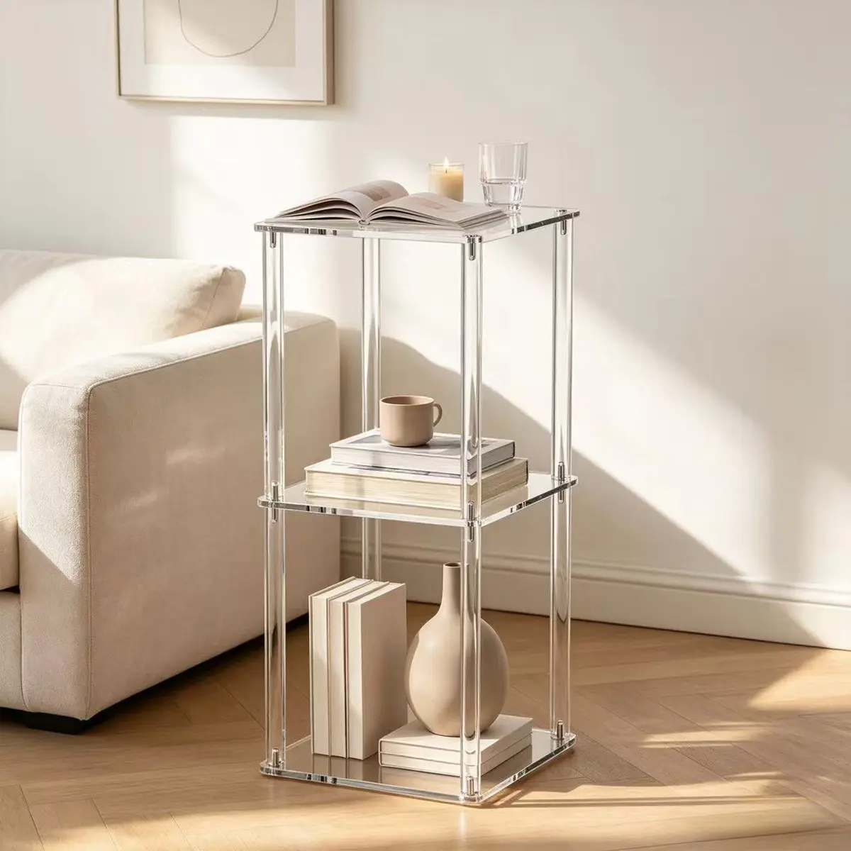 Transparent Acrylic Small Space Drink Table, Square Floor Stand 9.8 Inches, Living Room Sofa Side, Easy Assembly, Modern Design, 31 Inches Height, Accent Table