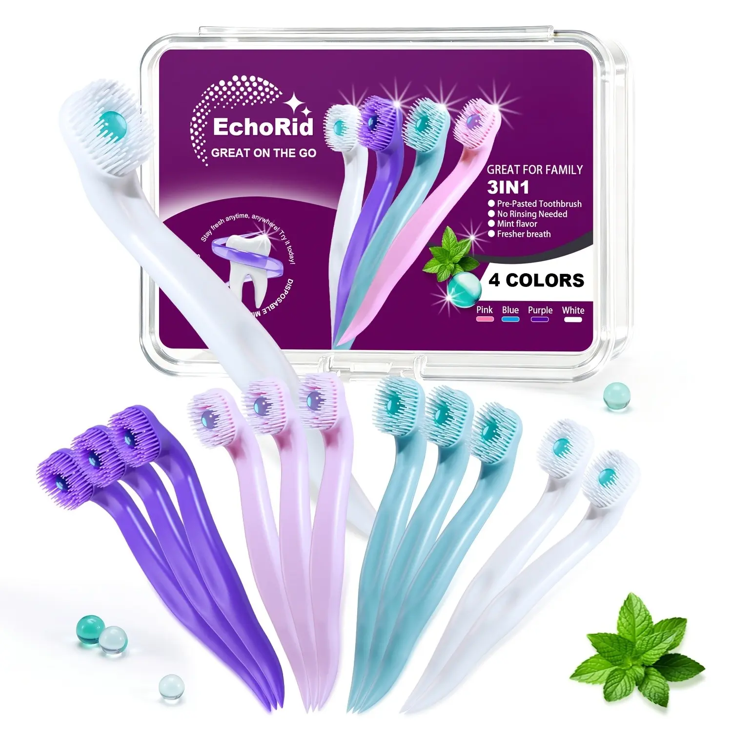 3-In-1 Mini Disposable Toothbrush Set, 12-Pack with Travel Case, Soft Bristles, Gentle, Mint Flavor, No Rinse, Portable Oral Care Tools