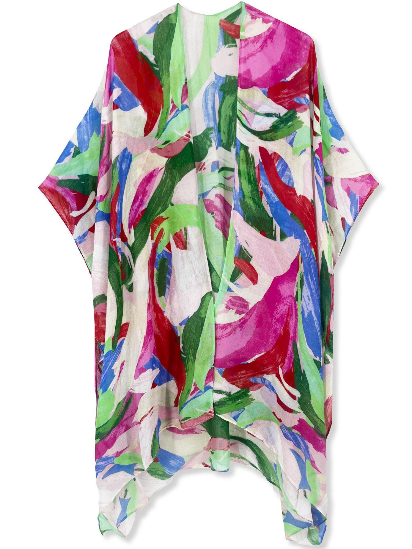 Women's All Over Print Batwing Sleeve Kimono, Casual Open Front Kimono, Ladies Summer Swimwear for Beach Vacation Holiday, Bold Colors and Designs, Womenswear