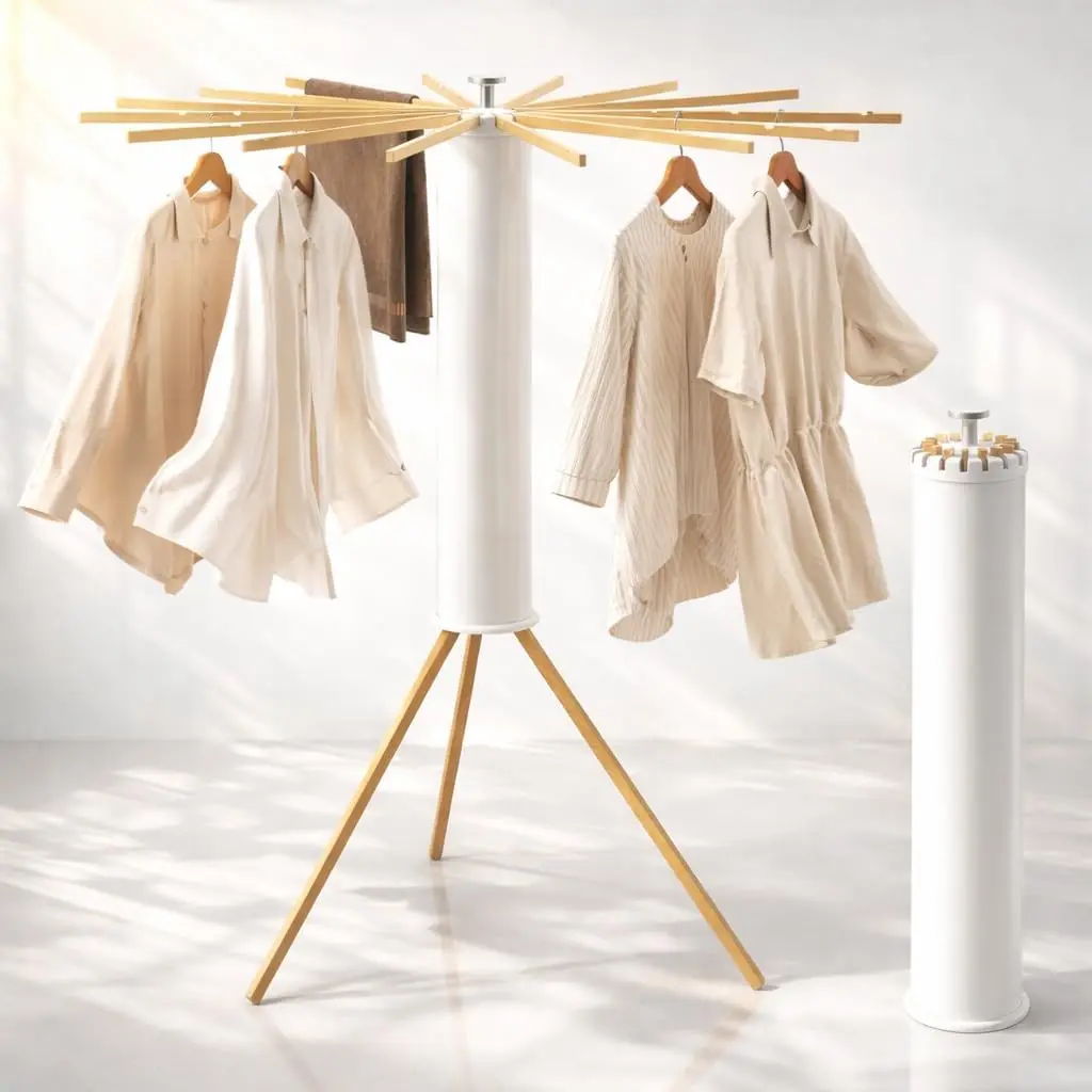 Heavy-Duty Wooden Tripod Clothes Drying Rack, 16 Rods, Large Capacity, 360° Airflow Umbrella Dryer, Foldable Space-Saving Floor Stand for Indoor Outdoor Use