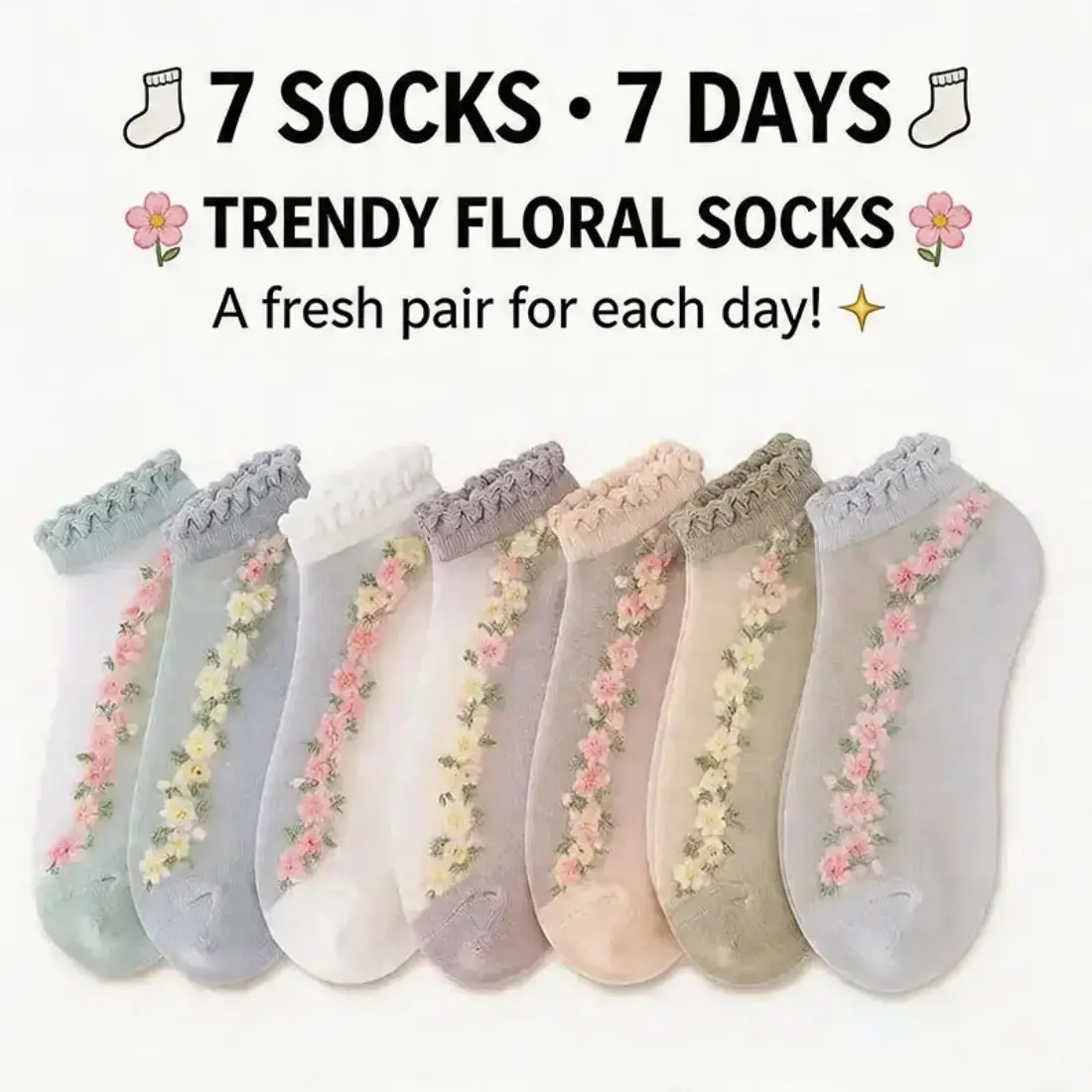 7 Pairs Women's Sheer Floral Mesh Ankle Socks, Lightweight Ruffle Lace Socks for Women & Girls, Breathable Transparent Summer Socks for Casual Outfits, Daily Wear, Party & Vacation