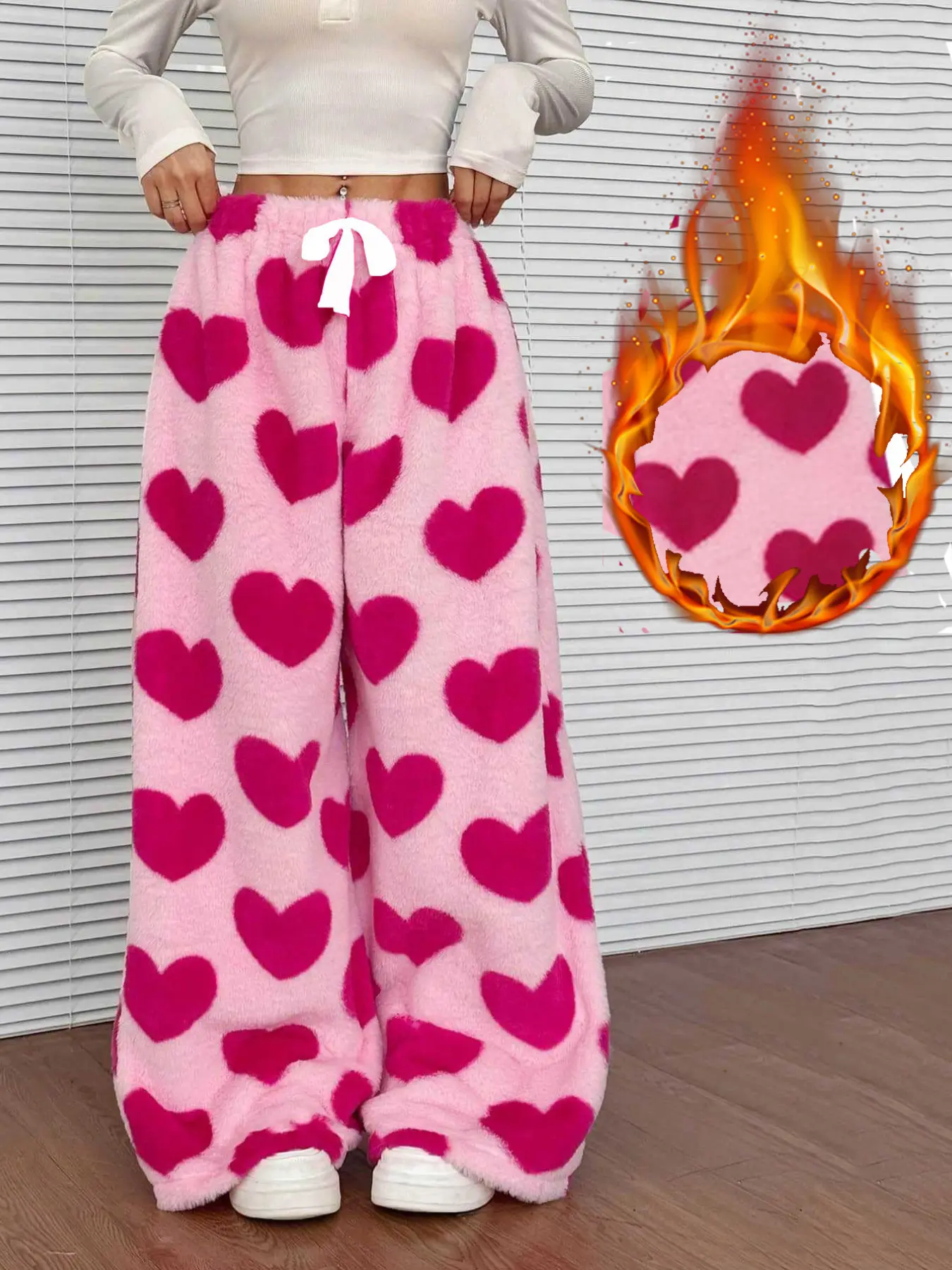 High Waist Heart Pattern Plush Wide Leg Pants, Thickened Warm Coral Fleece Sleepwear Loungewear, Loose Fit Slimming, Soft Cozy Casual Pants