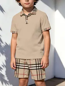 Casual Polo Shirt and Shorts Matching Set, Boys' Plaid Patchwork Two-Piece, Summer Lightweight Breathable Coordinated Set