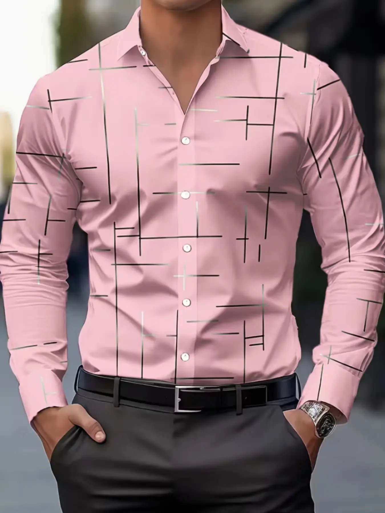 Men's Casual Long Sleeve Shirt, Geometric Print, Slim-Fitting, All Seasons, Unlined, Full Placket, Top Style, Clothing Type: Shirt