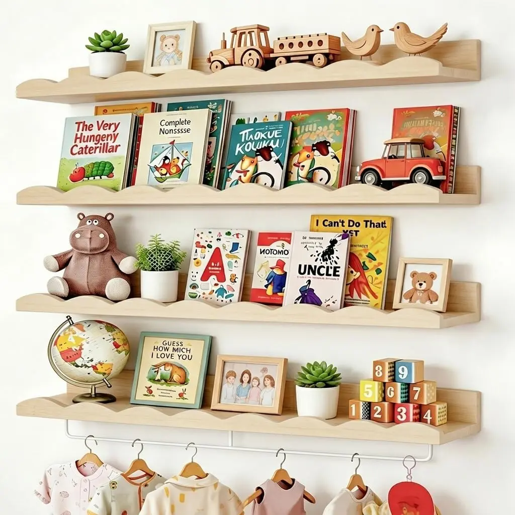 Nursery Shelves, 24 Inch Floating Bookshelves for Wall Set of 4, Scalloped Wall Book Shelves with Towel Rack for Kids, Toddler Room, Baby Room, Nursery Decor and Storage(Natural Wood)