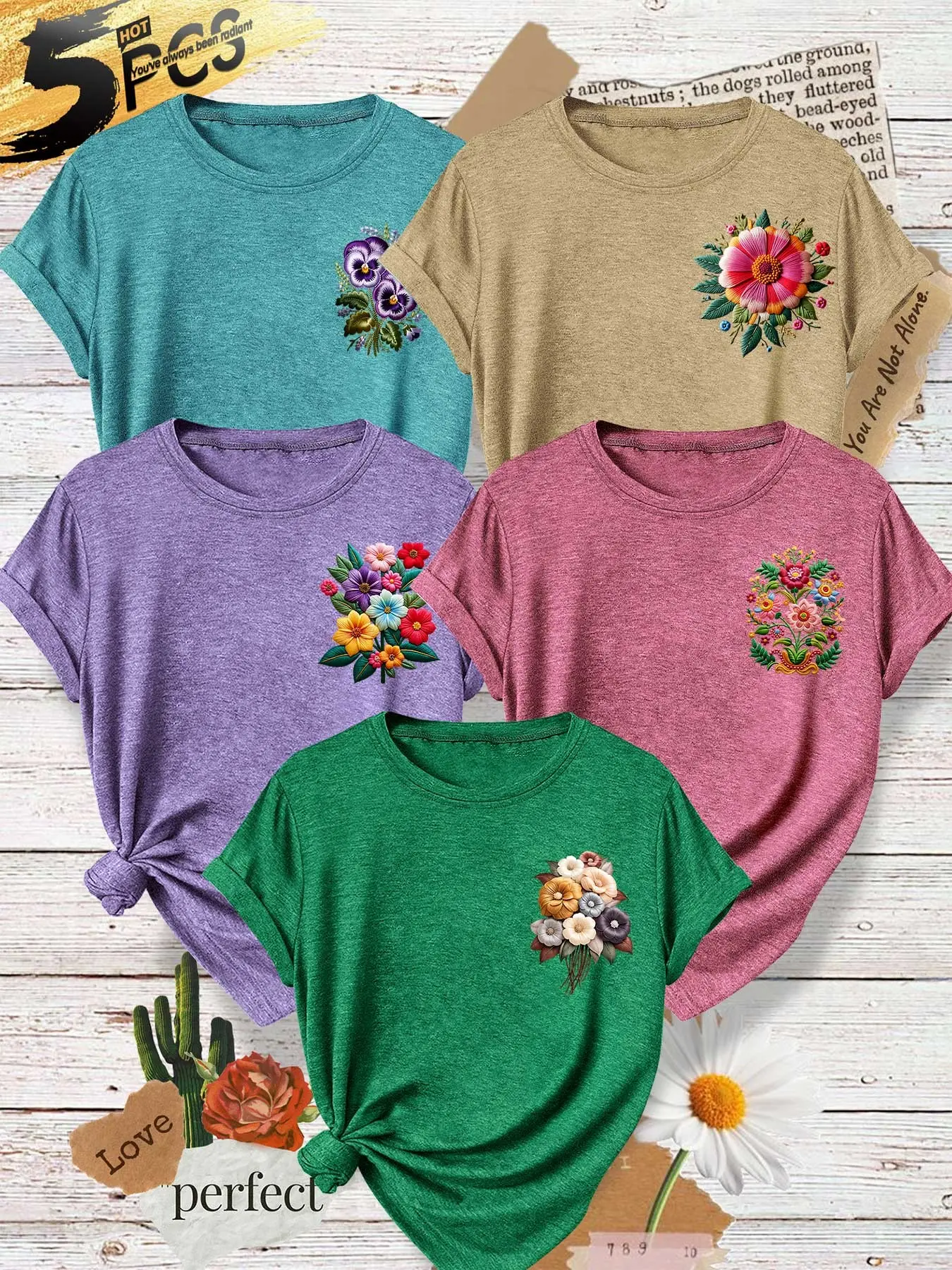 Five-Piece Women's Round Neck T-Shirts, Multi-Color Floral Print, Soft Fabric, Casual Fashion, Daily Wear, Summer Top