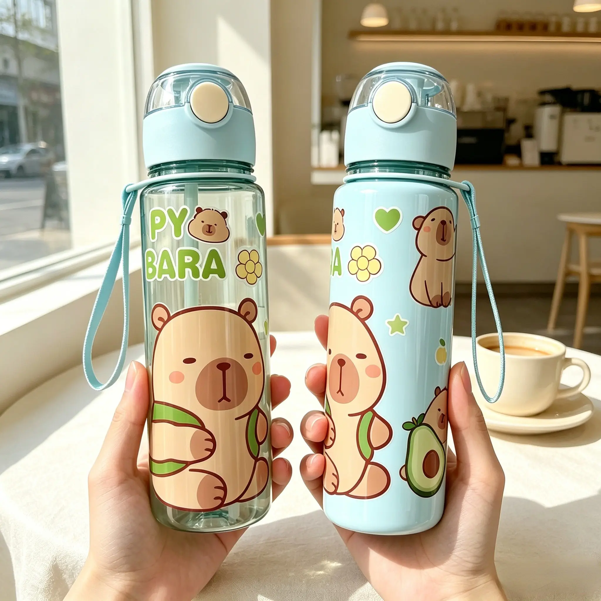 Cute Capybara Print Water Bottle 800ML, Leak-Proof Sports Straw Cup, Outdoor Camping, Fitness, Picnic, School, Gift, Cycling