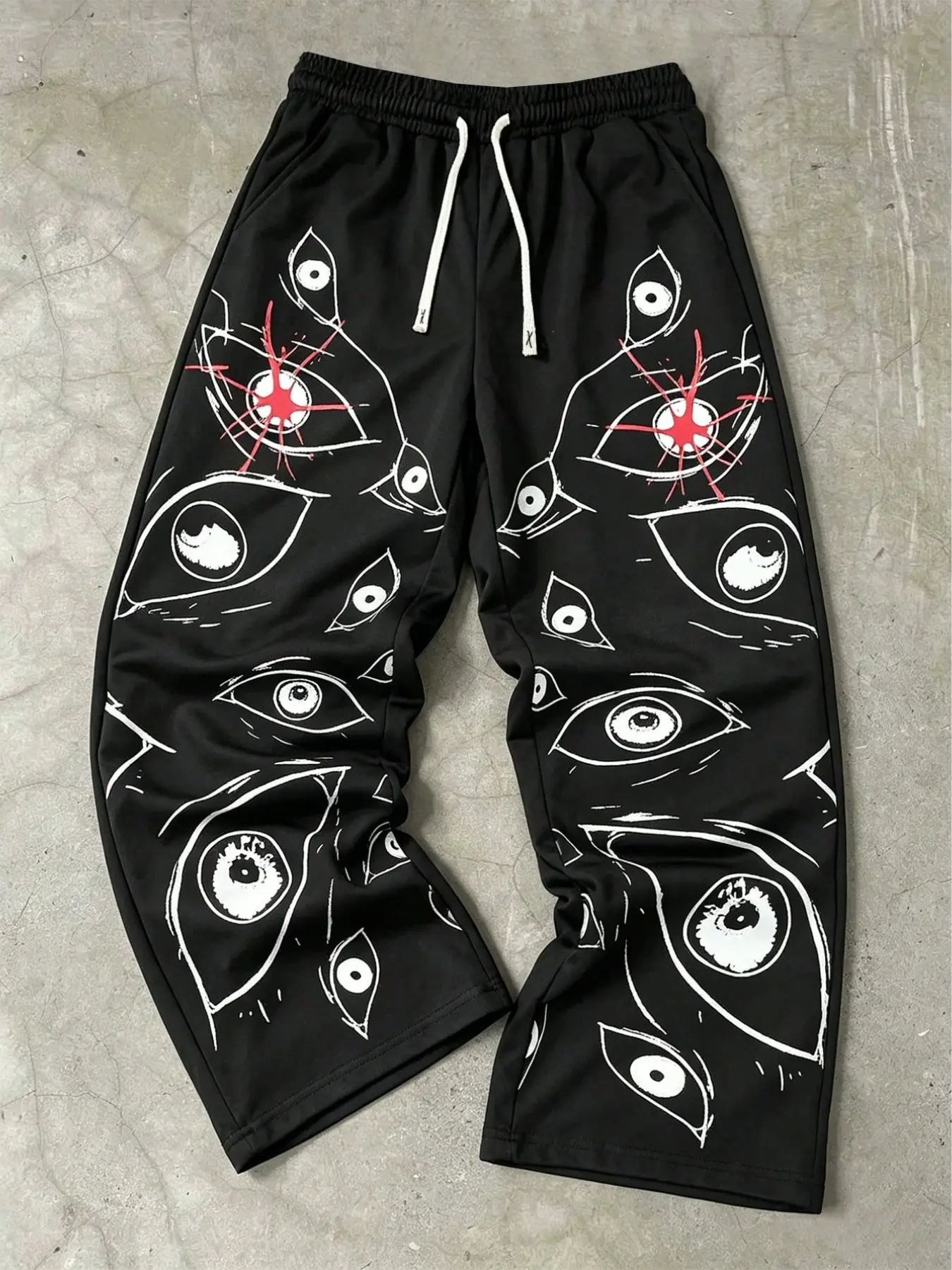 Men's Rockabilly Subculture Loose Sweatpants, Drawstring Waist, Geometric Print, Soft Knit, Gothic Hip Hop Street Pants, Casual Daily Wear