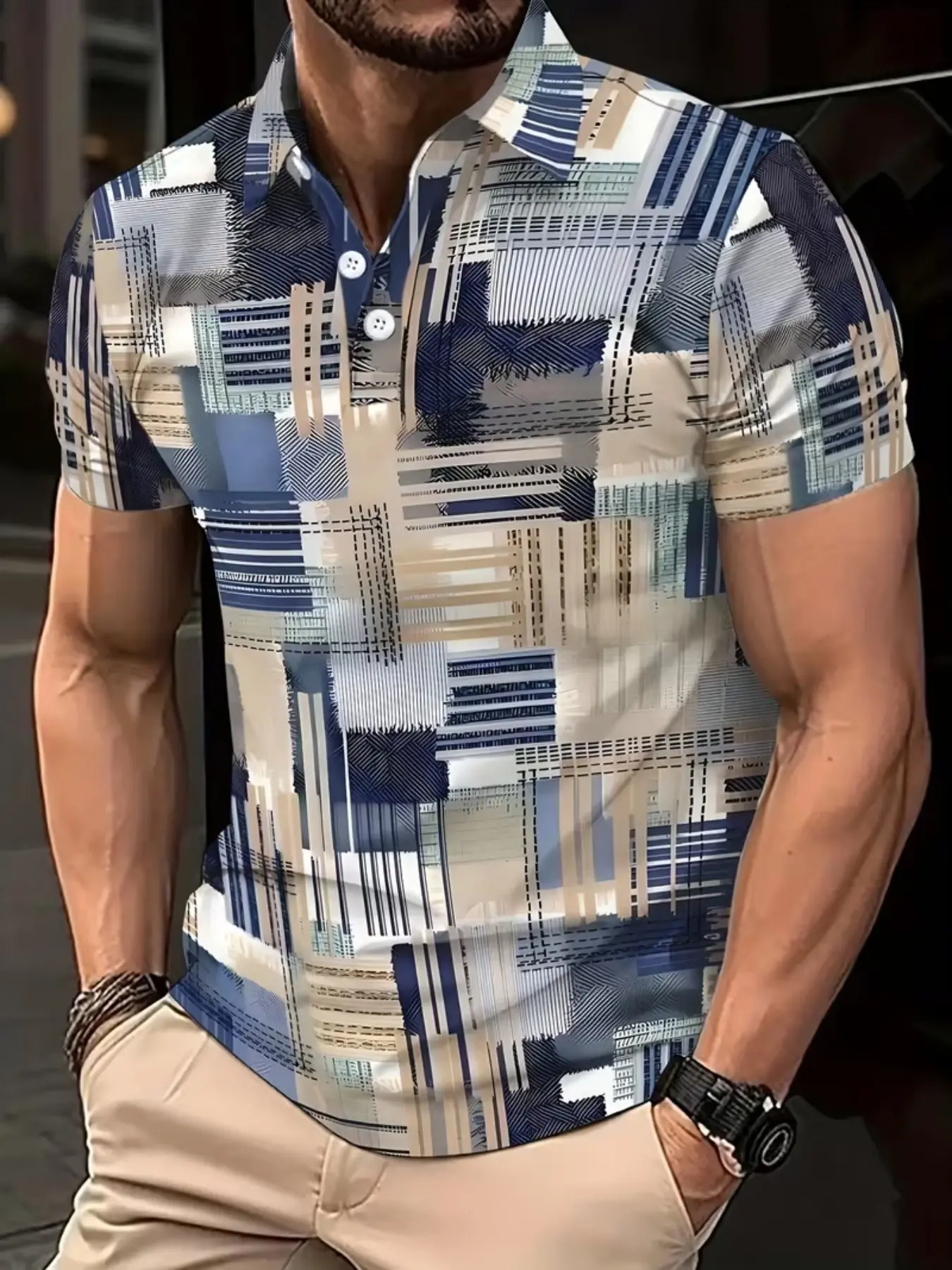 Men's Short Sleeve Polo Shirt, Vintage Plaid Patchwork Print Turn-Down Collar, Casual Golf Top, Loose-Fitting, All Seasons