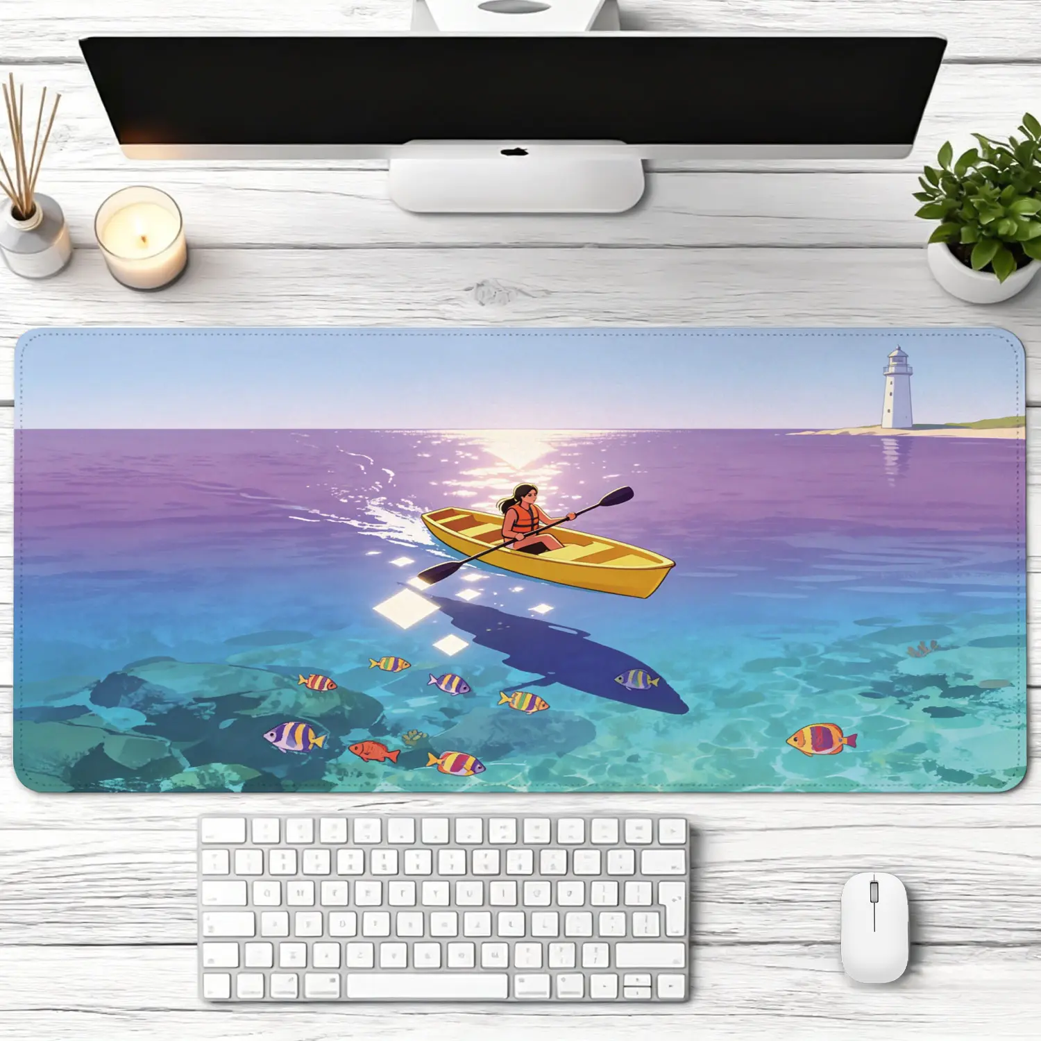 Ocean Themed Rubber Mouse Pad - Extra Large Ocean Kayaking & Lighthouse Scenery, Non-Slip Base, Lock Edge, Multi-Size, Washable, Precision Control, Desktop Protection, Premium Multipurpose for Home, Gaming Use, Gift Option, Gaming Users