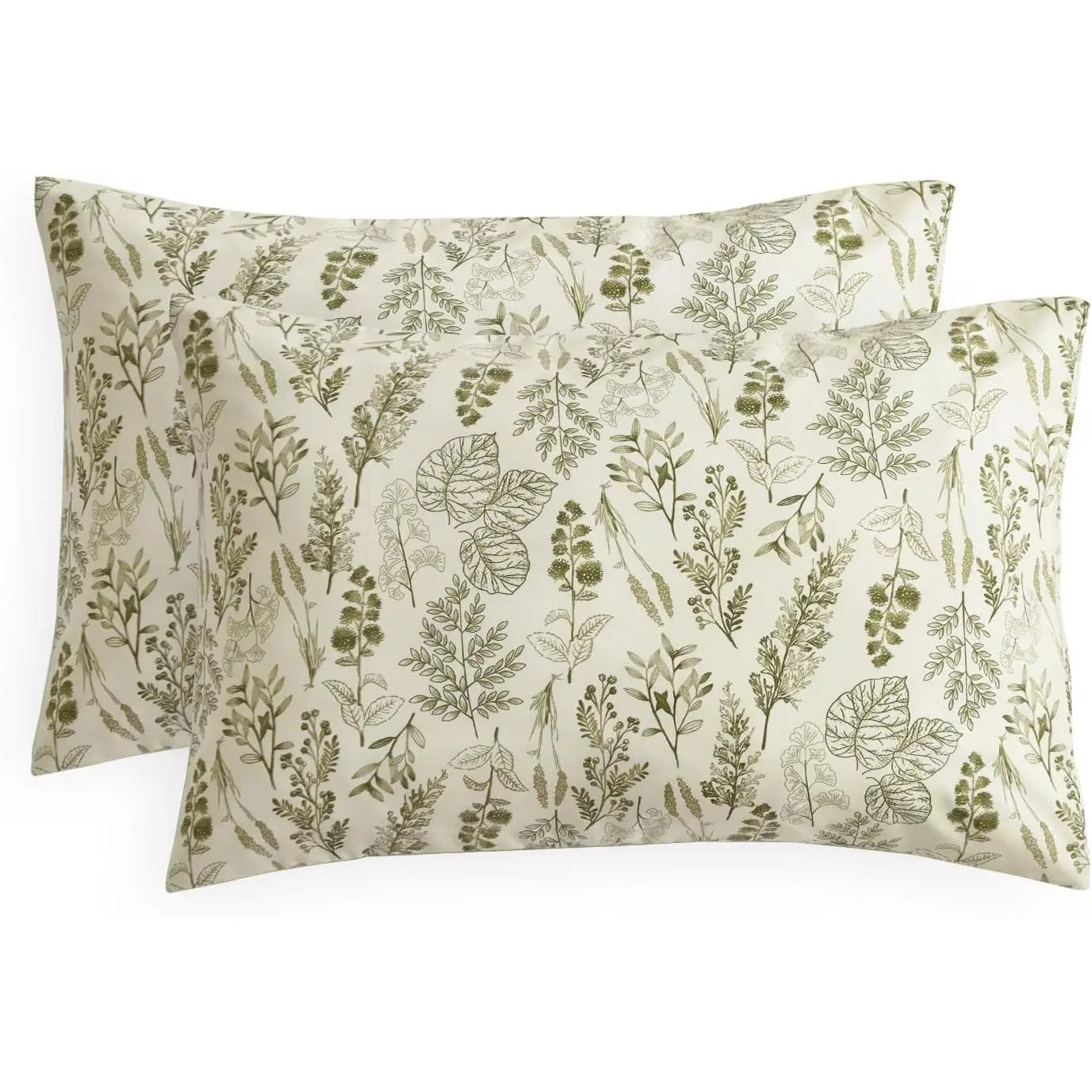 Floral Pillow Cases, Botanical Vintage Flower Shabby Chic Coquette Cottagecore Aesthetic, Set of 2 Soft Pillowcases Pillow Shams Covers, Olive Green, Standard Size 20x26 Inches