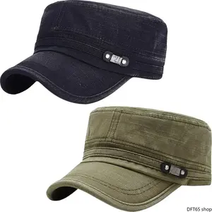 Washed Cotton Flat Top Cadet Army Cap Adjustable Rear Strap Soft Distressed Textured Fabric Unisex Short Curved Brim For Men Women Summer Outdoor Daily Light Breathable Casual Headwear Accessory