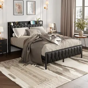 🛏️ Upholstered Platform Bed with Charging Station & 12" Storage – Tool-Free Assembly, Quiet & Sturdy for Main Bedrooms (3 Sizes)! ⚡✨