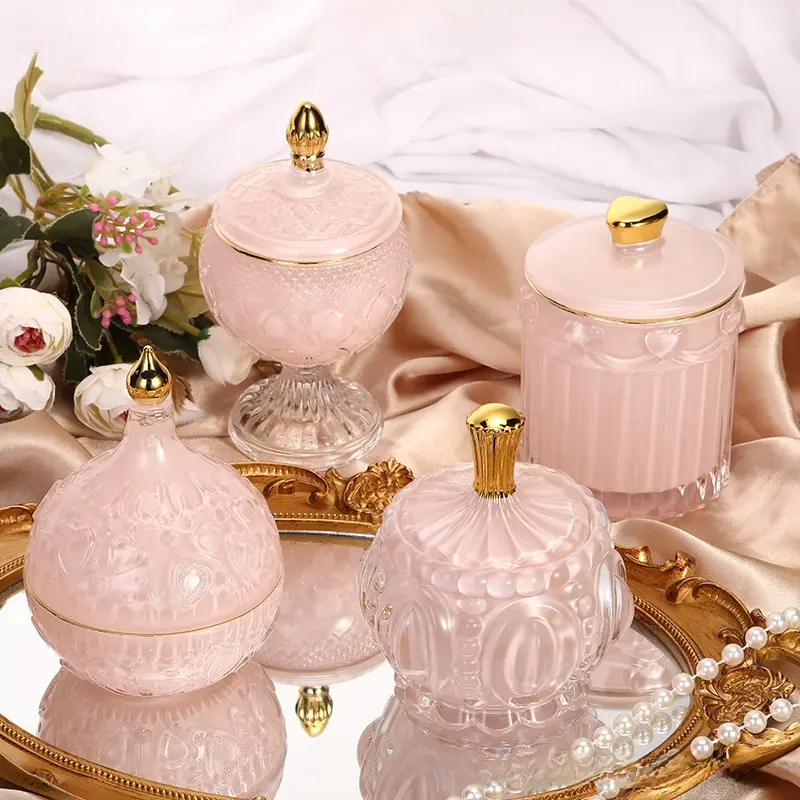 Pink Embossed Glass Candy Jar with Gold Knob Lid, European Vintage Decorative Storage Canister, Multipurpose Glass Jar for Candy, Snack, Jewelry, Home Table Decor