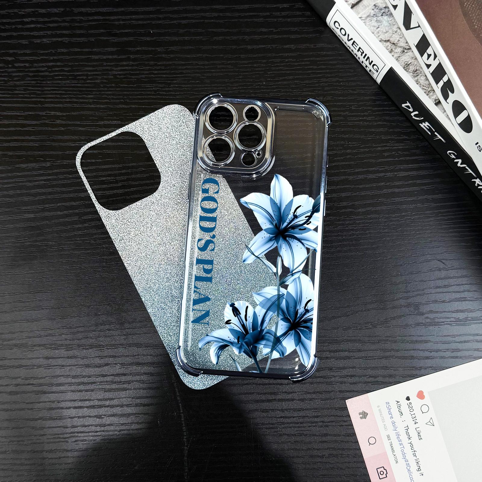 Elegant Blue Floral God's Plan Case For iPhone Samsung Galaxy 17Pro Max Air 16 15Plus 14 13 12 11 XR XS S25 S24 S23 S22 Sparkly Glitter Inlay Electroplated Corner Protection With Portable Strap Accessory NN124
