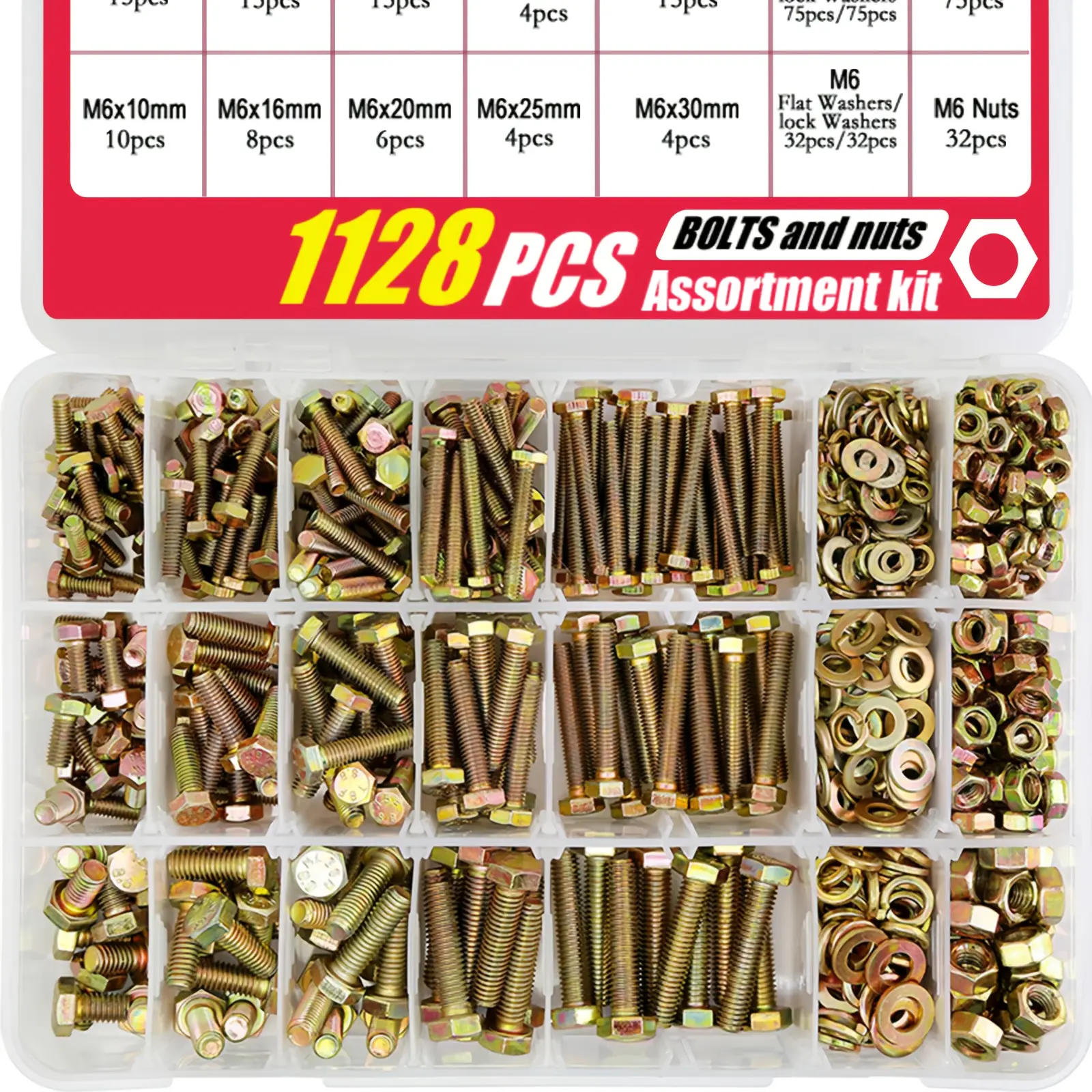 1128-piece 8.8 class bolt, nut, and washer combination set, M4, M5, M6 metric bolt sets,