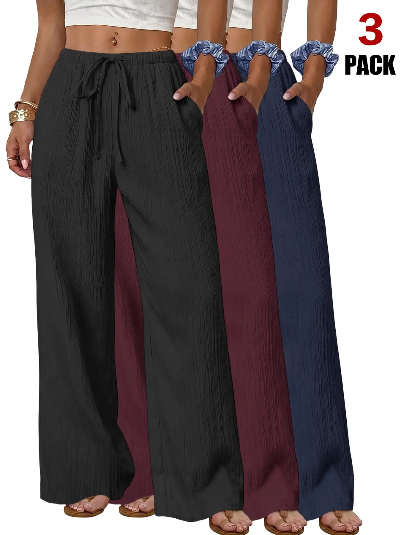 Women's Crinkle Texture Drawstring Baggy Wide Leg Pants Bottoms, Elastic High Waist Casual Trousers with Pockets, Loose Lightweight Flowy Summer Beach Pants