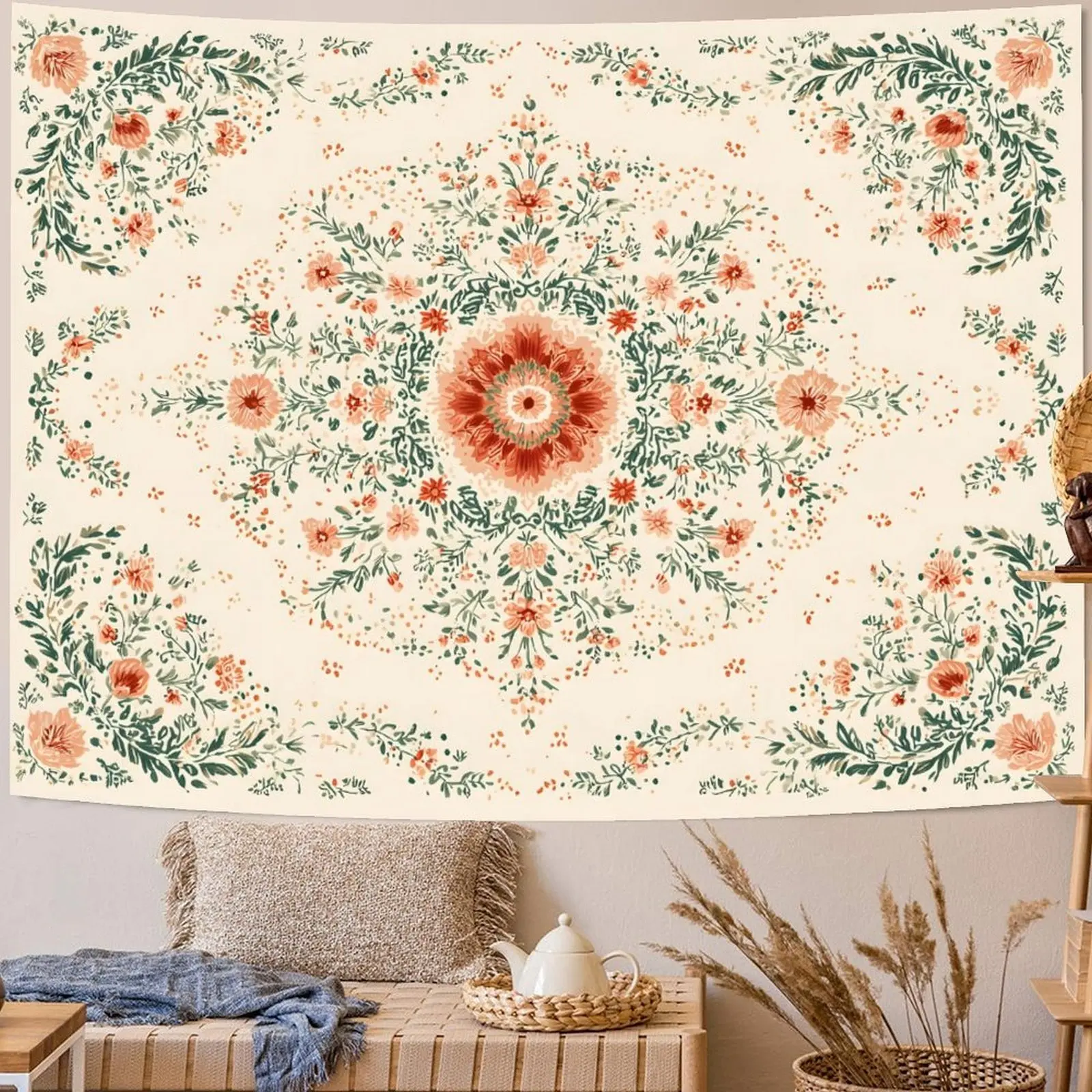 Bohemian Floral Mandala Tapestry Bedroom, Bohemian Floral Wall Tapestry, Aesthetic Large Watercolor Beige Hippie Indian Tapestry Living Room, Dormitory Decoration Wall Hanging