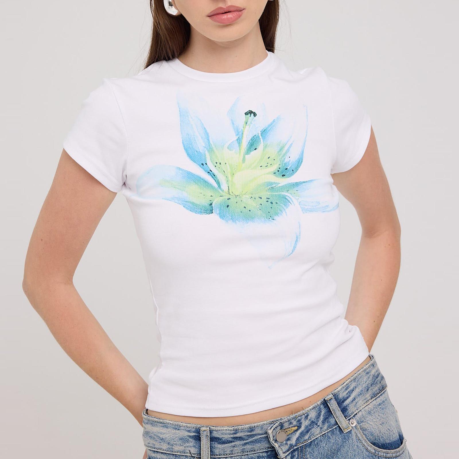 Women T-shirt, Ladies Female Crew Neck Short Sleeve Flower PrintFit Summer Tee Tops for Casual Daily Womenswear Streetwear